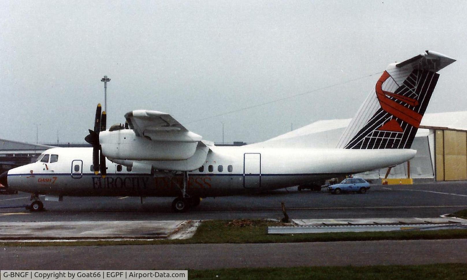 G-BNGF, 1985 De Havilland Canada DHC-7-102 Dash 7 C/N 103, Awaiting application of its UK registration G-BNGF and internal config changes prior to subsequent delivery to Eurocity Express ( later London City Airways) 'GF sits at GLA March 1987