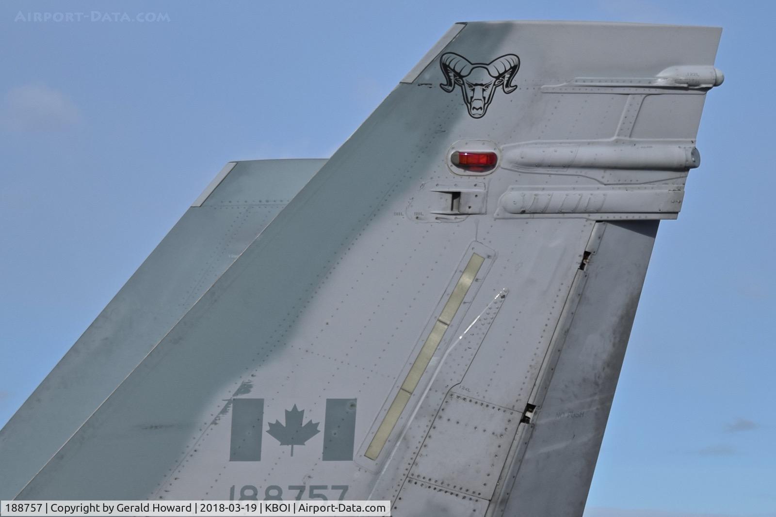 188757, McDonnell Douglas CF-188A Hornet C/N 0394/A329, Parked on the south GA ramp. The Rocky Mountain Sheep's Head is the logo for 401 tactical Fighter Sq., 4 Wing, Cold Lake, Alberta, Canada.