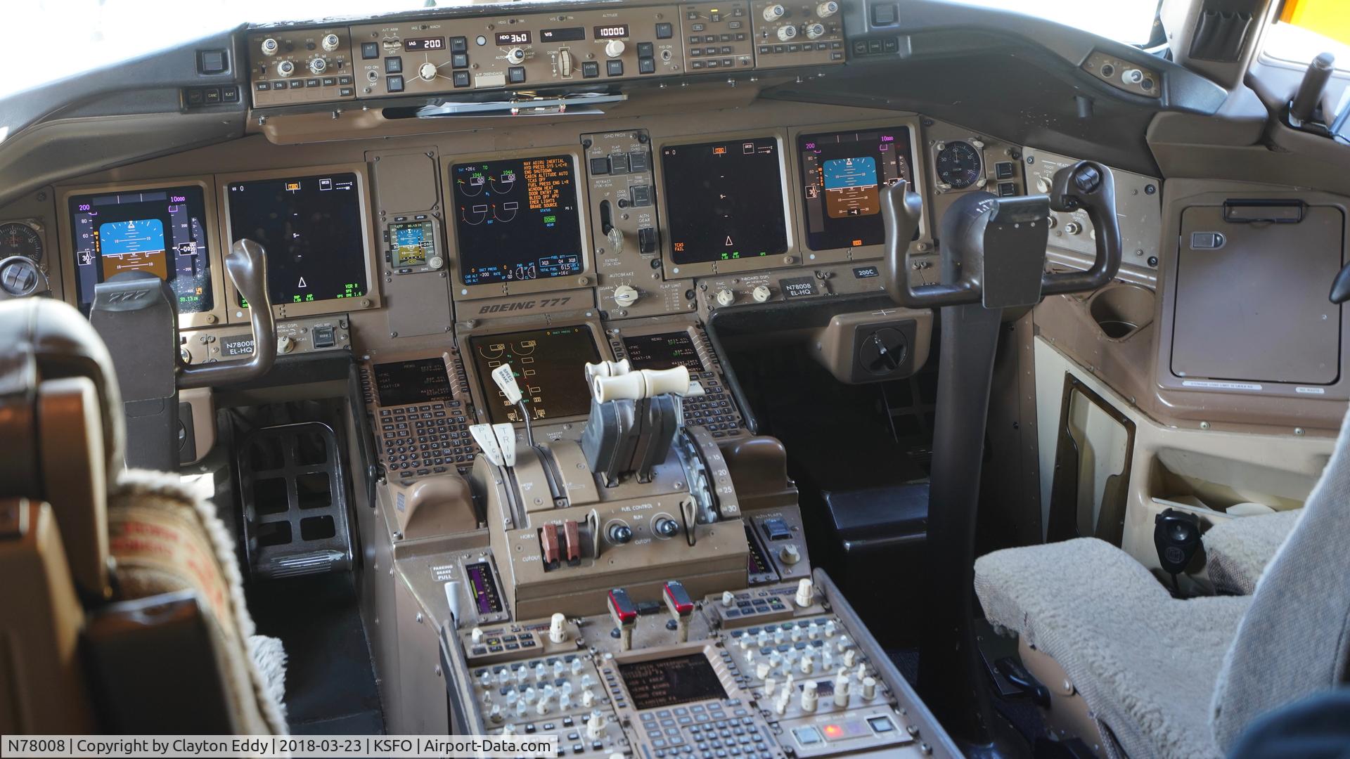 N78008, 1999 Boeing 777-224/ER C/N 29478, Flightdeck. SFO 2018.