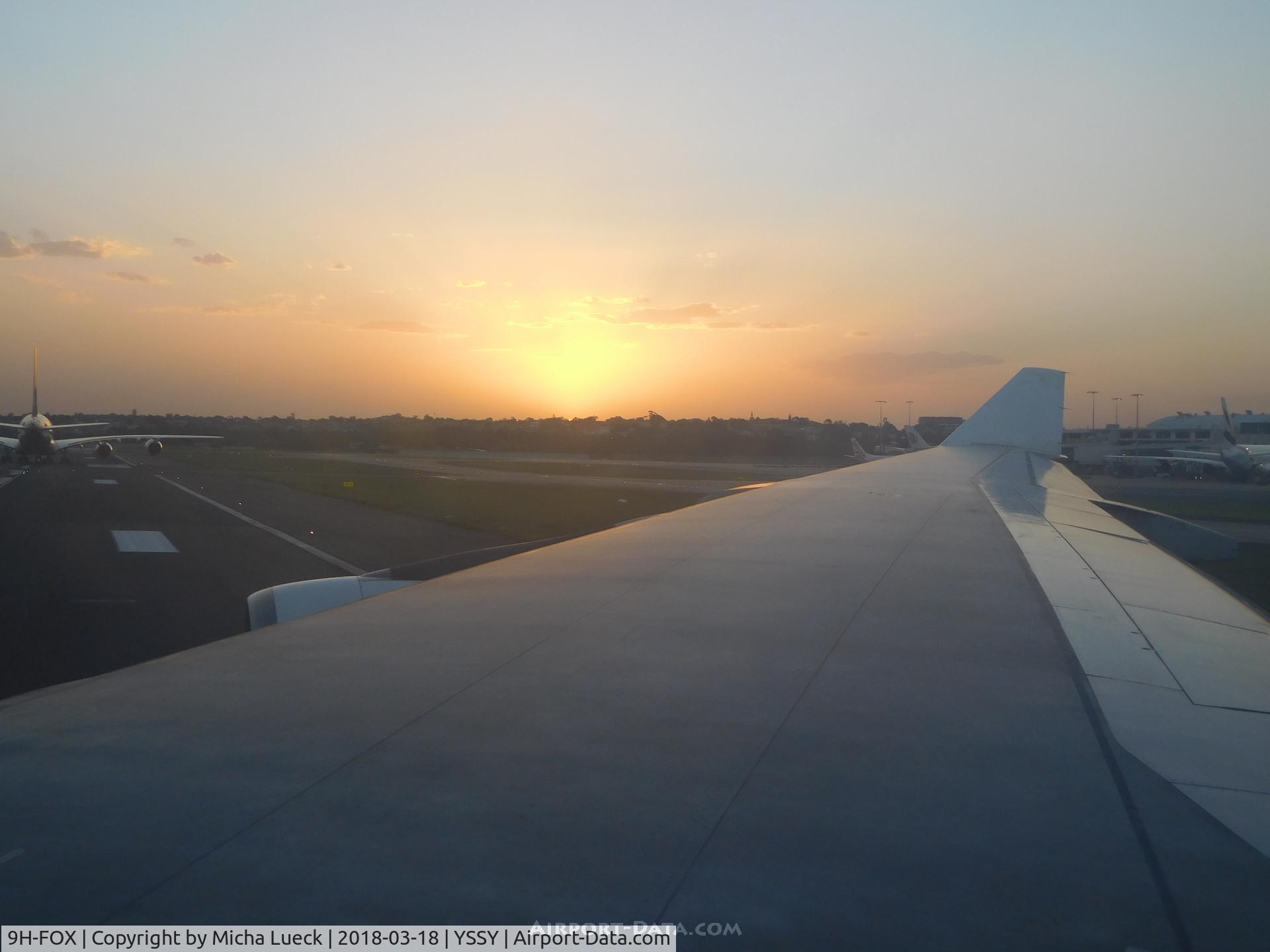 9H-FOX, 1997 Airbus A340-313 C/N 185, Taxiing to the runway during sunset, while EY's A380 just arrived, taxiing to the gate.