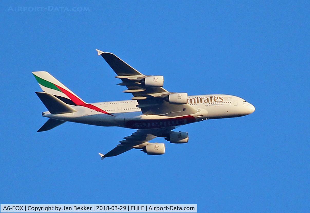 A6-EOX, 2015 Airbus A380-861 C/N 208, A6-EOX Emirates Airbus A380-861 C/N 208 flying over Lelystad in the evening sun at 10000ft direction Schiphol