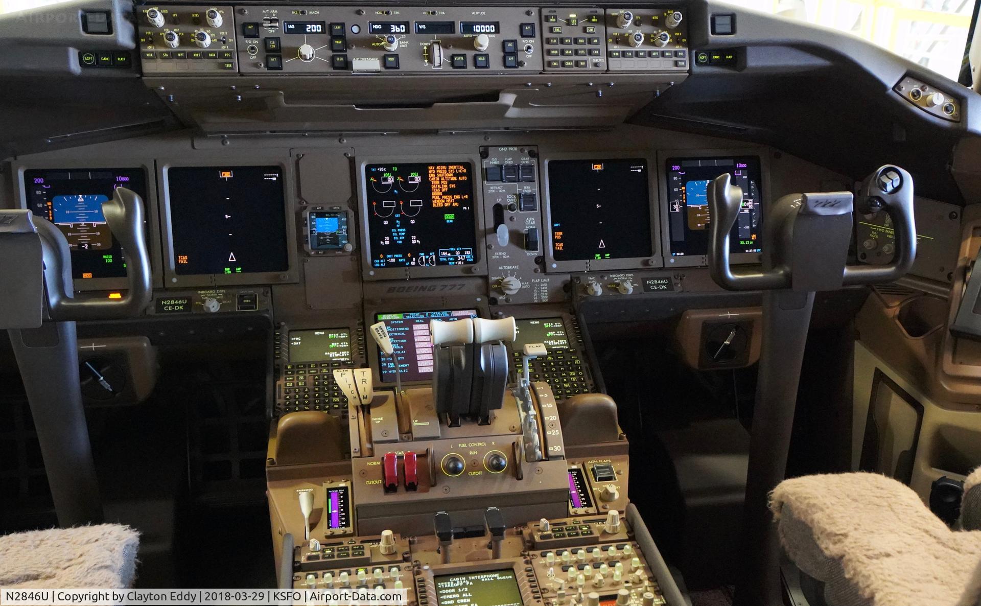 N2846U, 2018 Boeing 777-300/ER C/N 64990, Flightdeck. SFO. 2018.