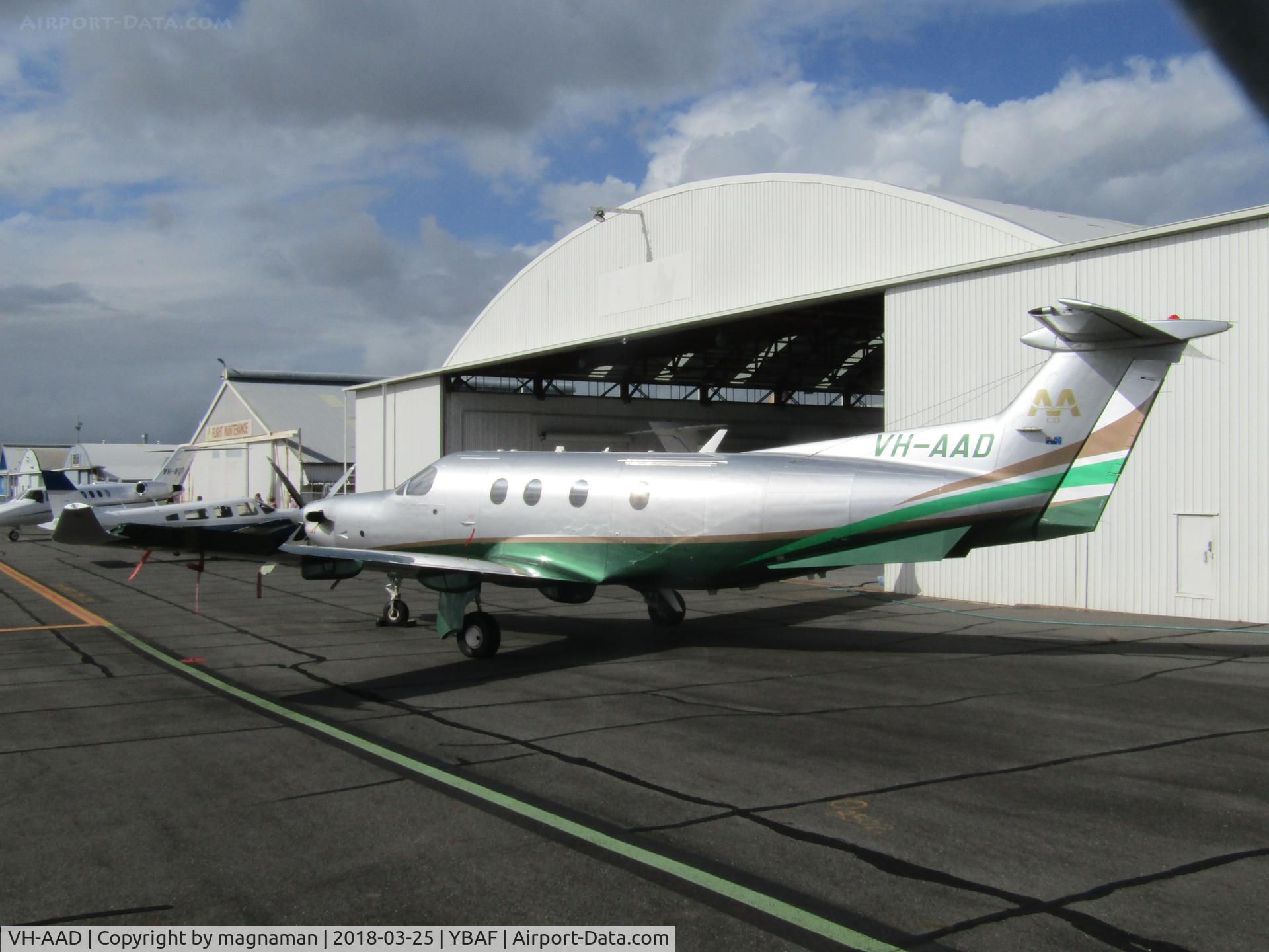 VH-AAD, 2008 Pilatus PC-12/47E C/N 1068, outside hangar at YBAF