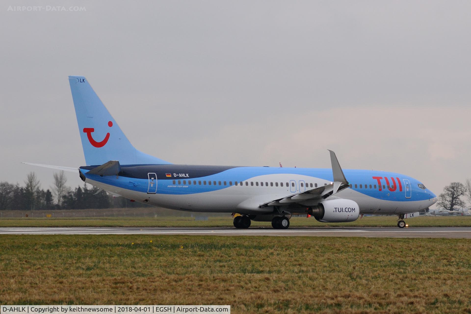 D-AHLK, 2008 Boeing 737-8K5 C/N 35143, Leaving Norwich for Munich.