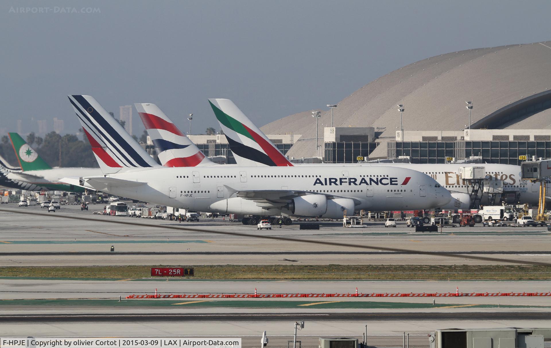 F-HPJE, 2010 Airbus A380-861 C/N 052, joining the A-380 LAX gates