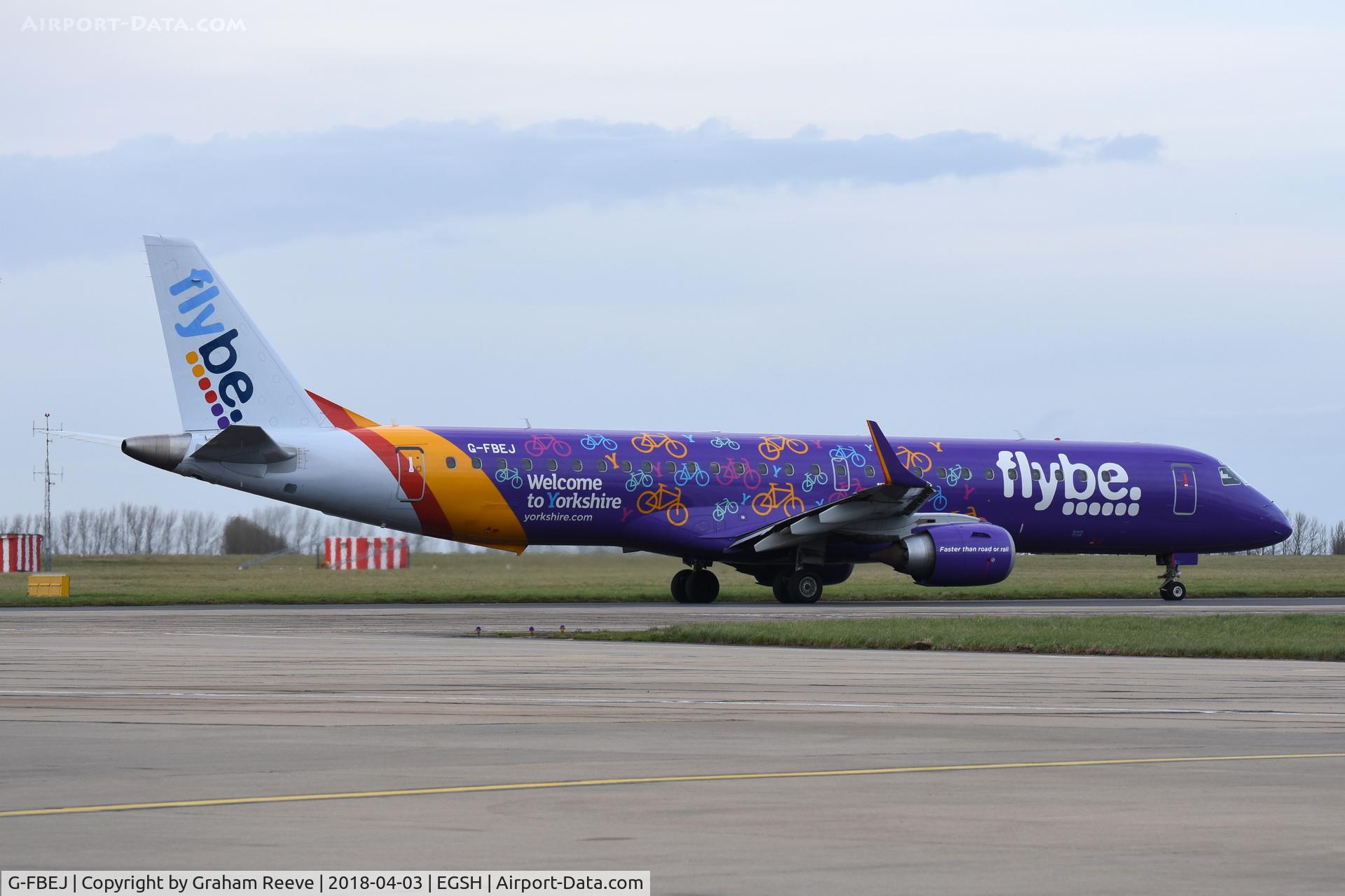 G-FBEJ, 2007 Embraer 195LR (ERJ-190-200LR) C/N 19000155, Departing from Norwich.