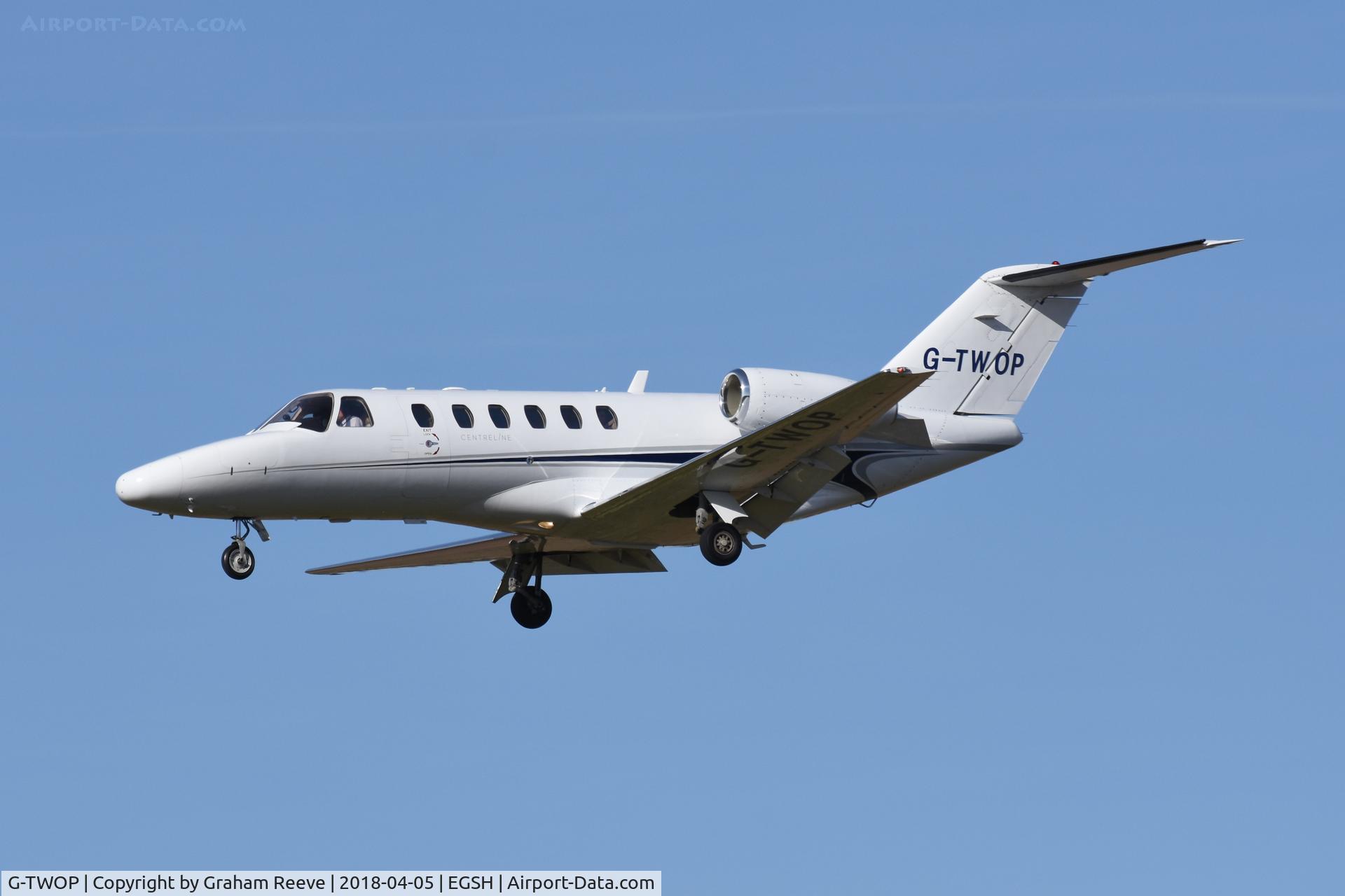 G-TWOP, 2008 Cessna 525A CitationJet CJ2+ C/N 525A-0397, Landing at Norwich.
