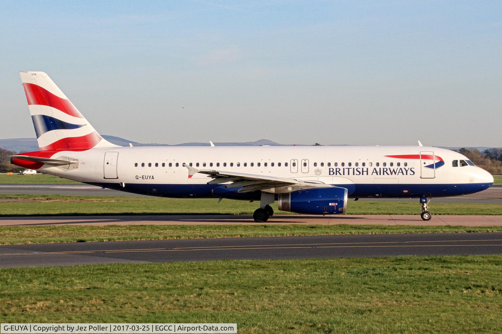 G-EUYA, 2008 Airbus A320-232 C/N 3697, on taxiway Bravo to runway 05L for evening rotation to Heathrow,