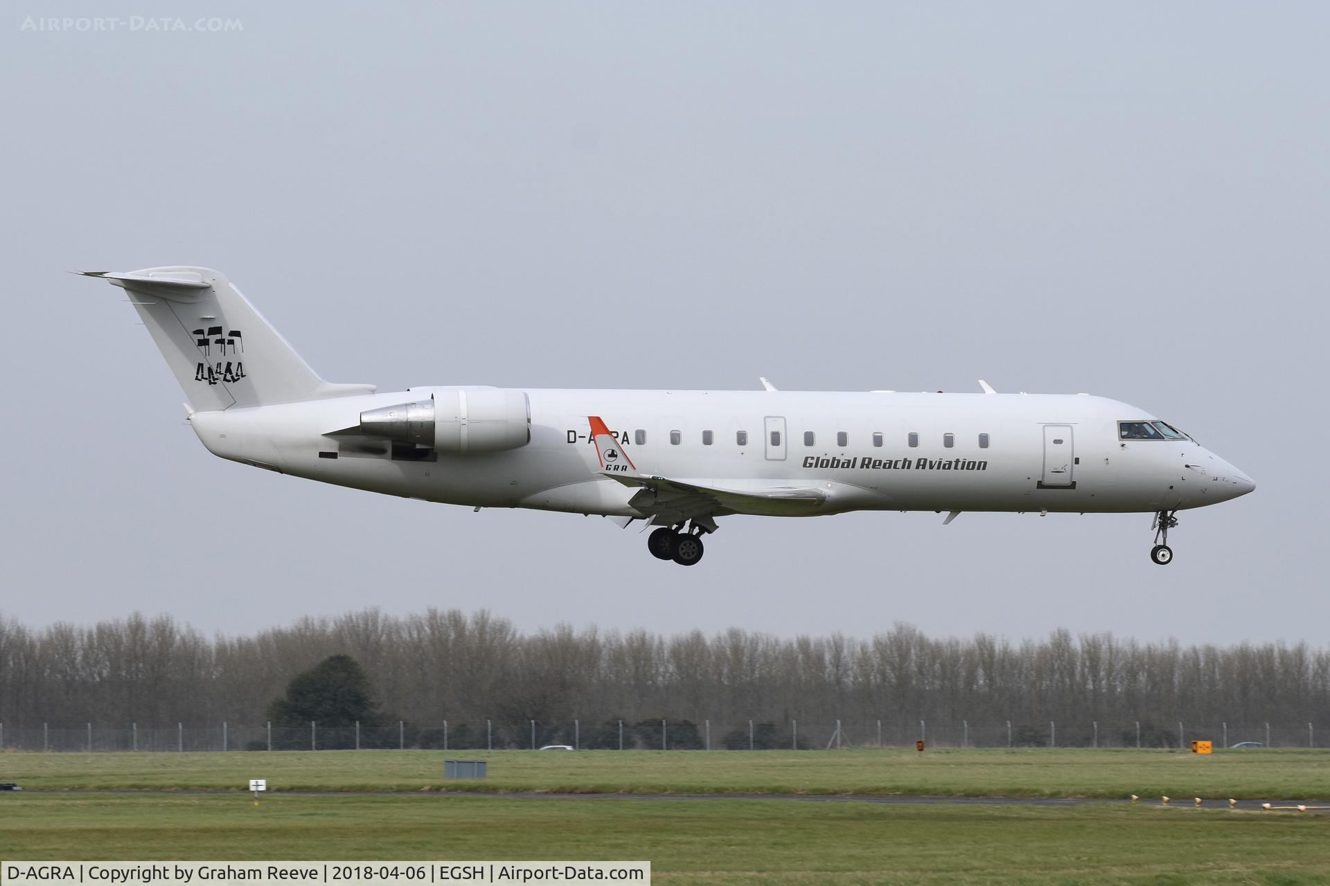 D-AGRA, 2000 Canadair CRJ-200LR (CL-600-2B19) C/N 7384, Landing at Norwich.
