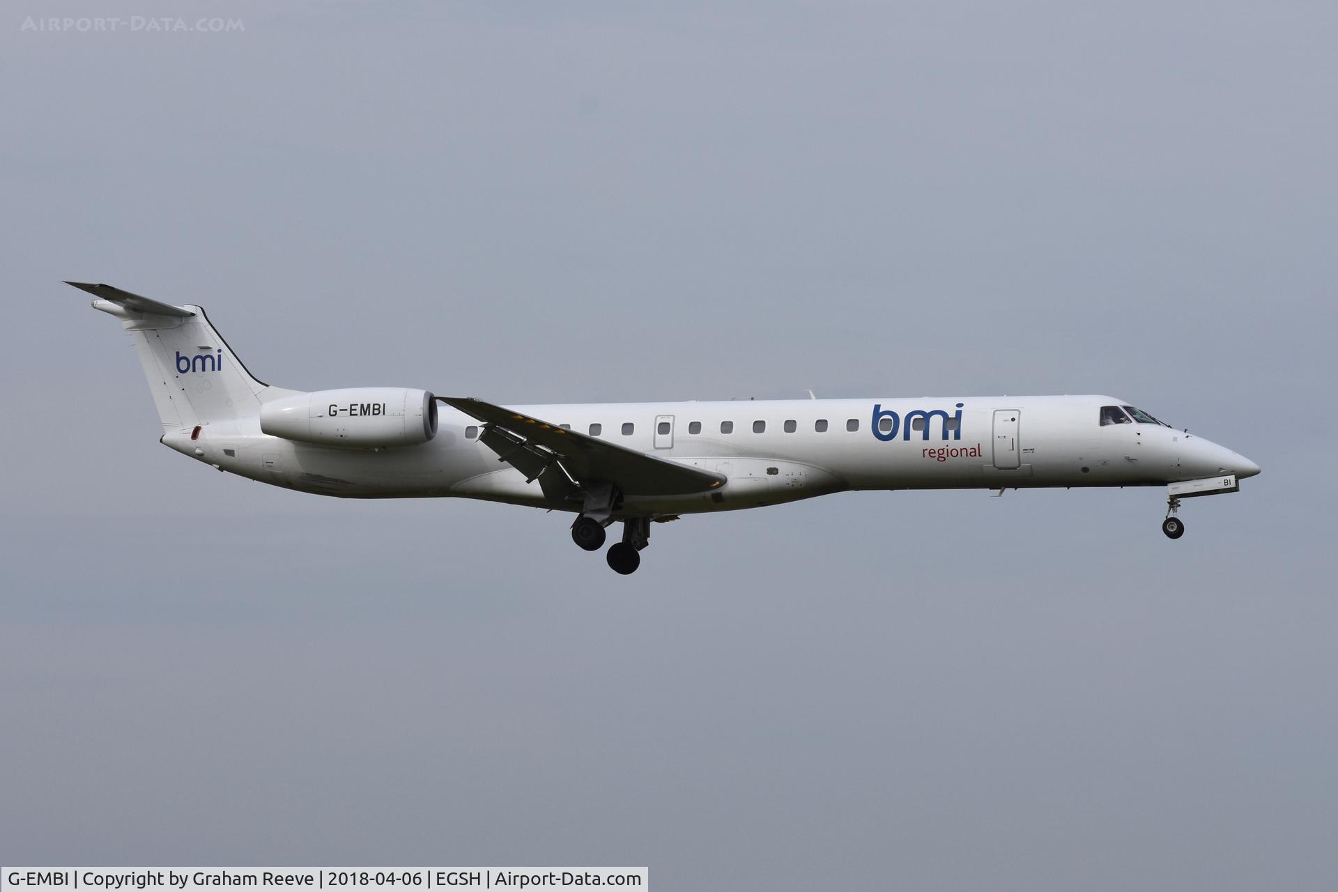 G-EMBI, 1999 Embraer EMB-145EU (ERJ-145EU) C/N 145126, Landing at Norwich.
