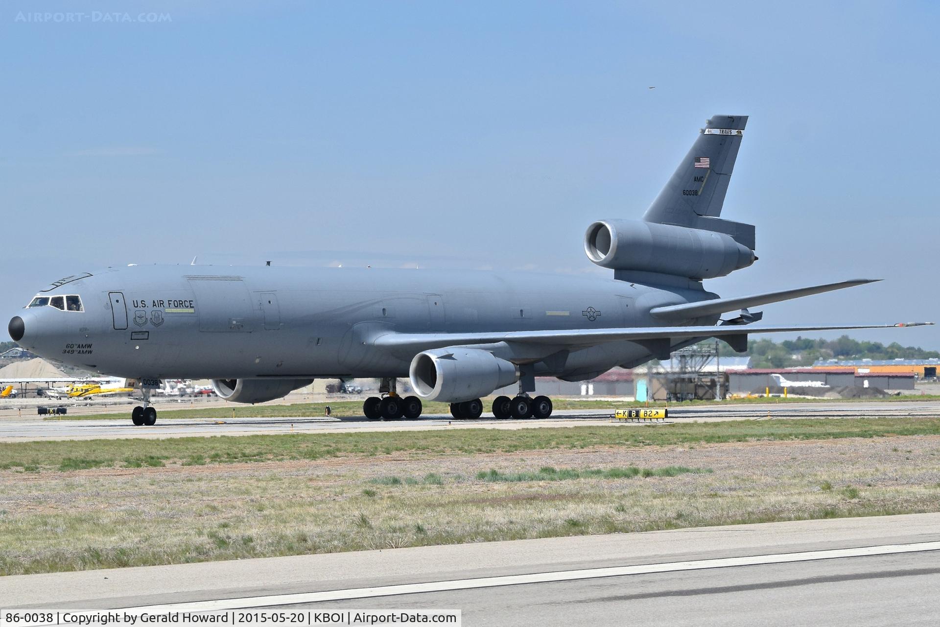 86-0038, 1986 McDonnell Douglas KC-10A Extender C/N 48251, Taxiing on Bravo.  60th AMW, Travis AFB, CA.