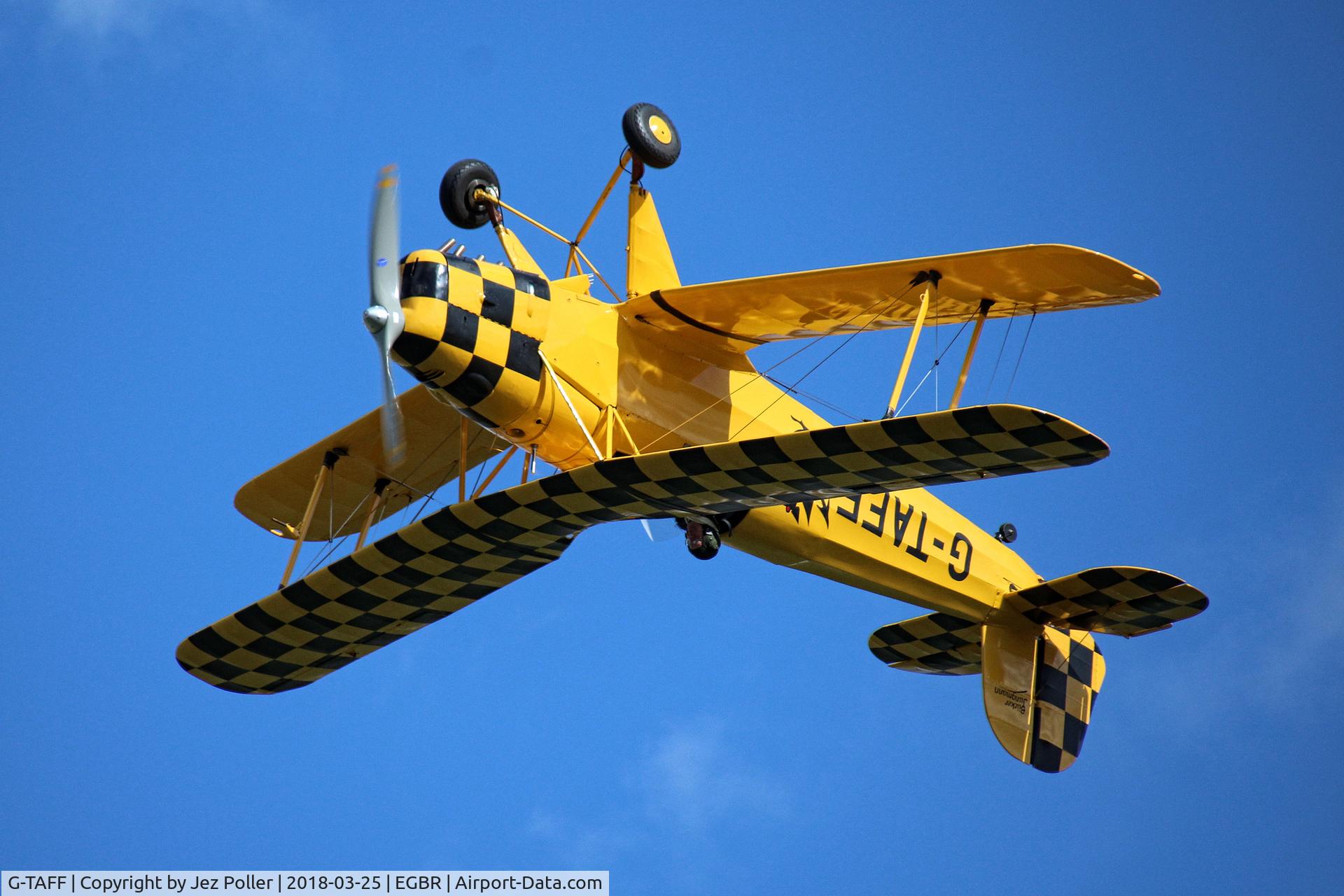 G-TAFF, 1957 CASA 1-131E Jungmann C/N 1129, doing a few aerobatics over runway 28 at Breighton,