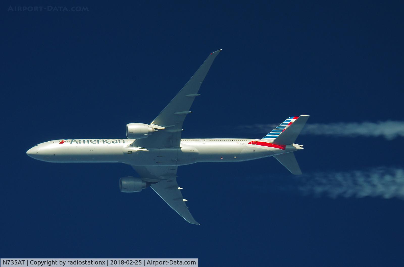 N735AT, 2016 Boeing 777-323/ER C/N 32439, 25/2/2018 American Airlines N735AT passes overhead Lancashire,England,UK at 32,000ft working route LHR-DFW AA79.
Photo taken from the ground, Pentax K-5.