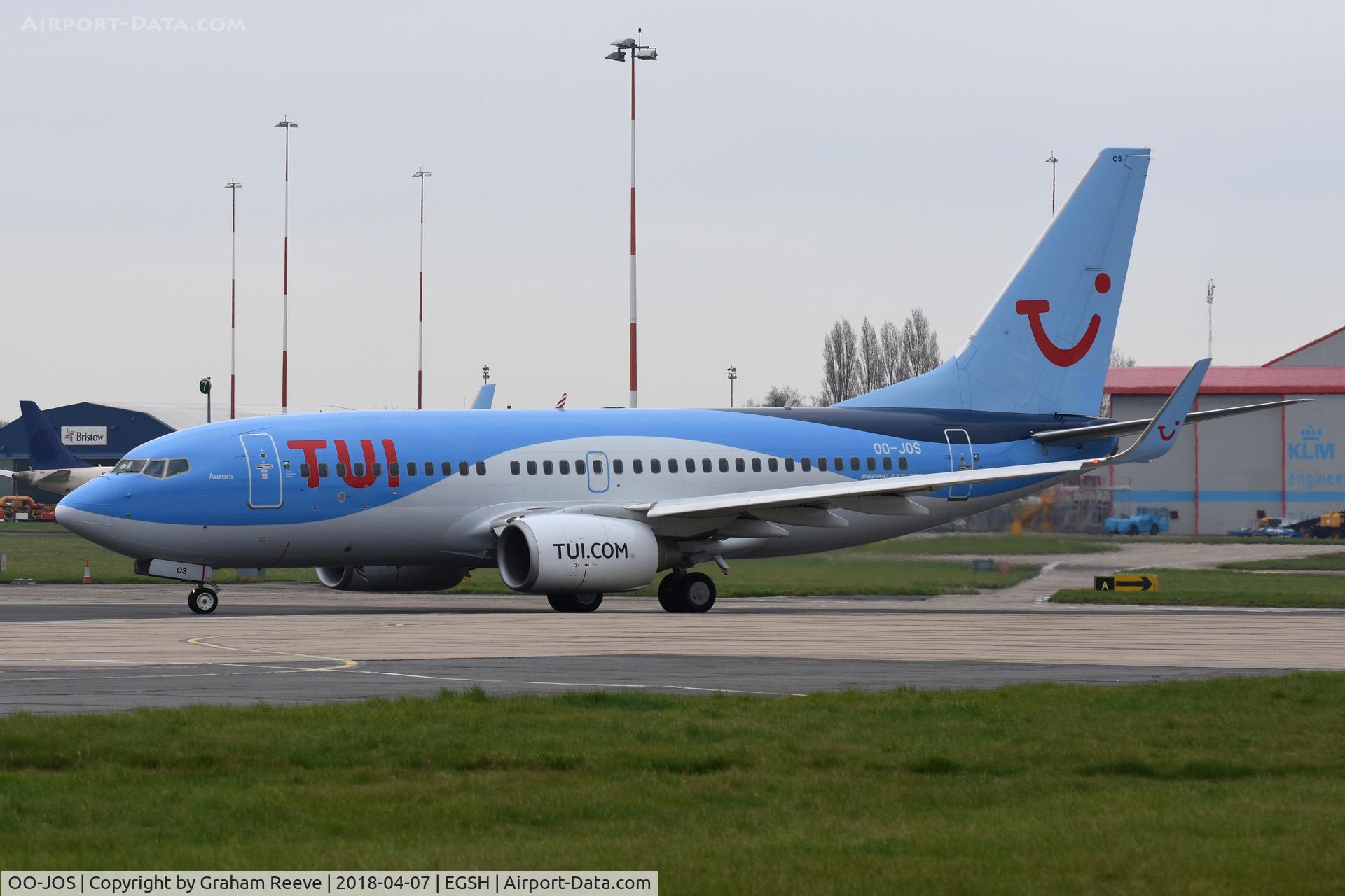 OO-JOS, 2008 Boeing 737-7K5 C/N 35282, Departing from Norwich.