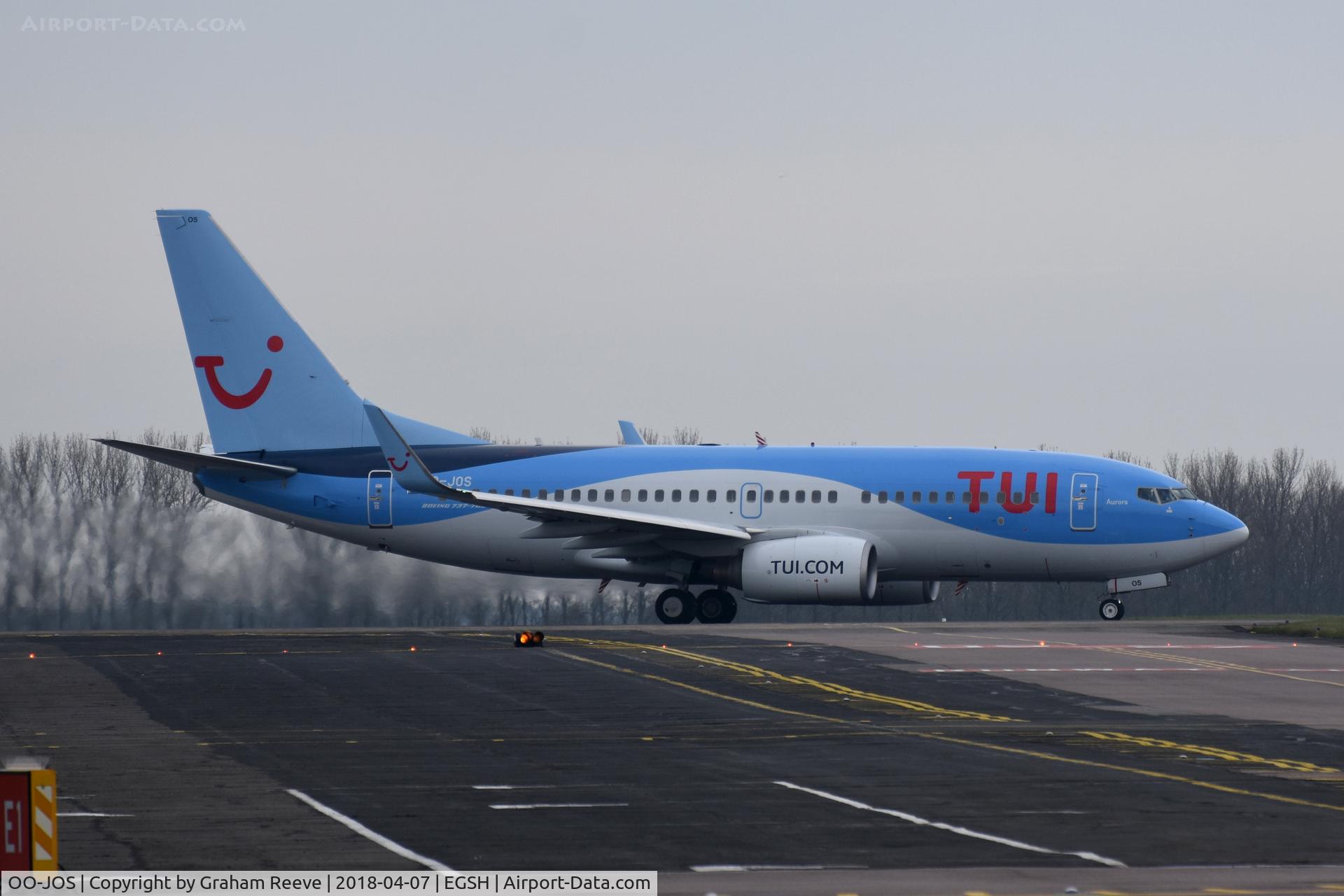 OO-JOS, 2008 Boeing 737-7K5 C/N 35282, Departing from Norwich.