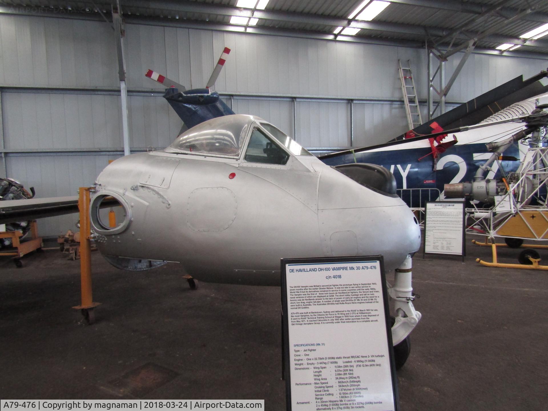 A79-476, De Havilland Australia DH-100 Vampire F.30 C/N DHA4018, At Caloundra Museum