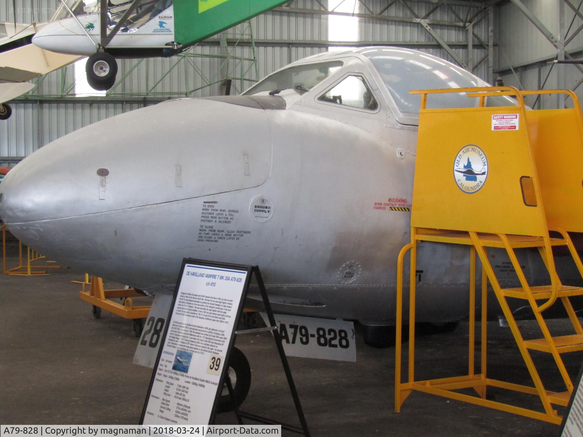 A79-828, De Havilland Australia DH-115 Vampire T.35A C/N DHA4113, At Caloundra Musuem - QLD
