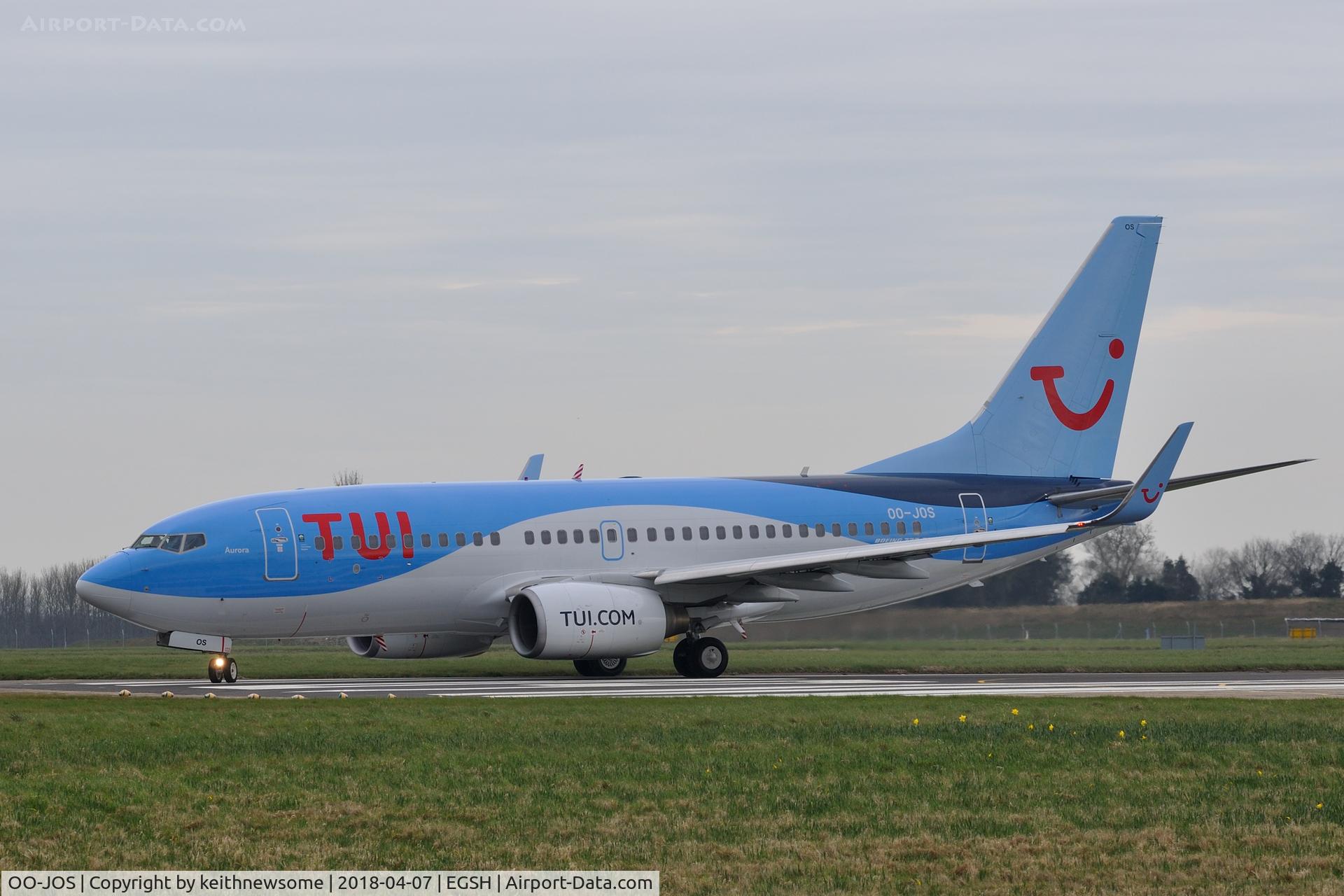 OO-JOS, 2008 Boeing 737-7K5 C/N 35282, Leaving Norwich for Brussels.
