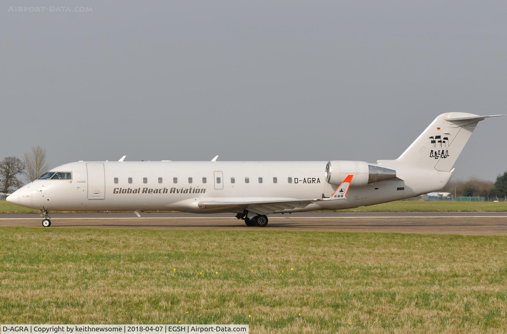 D-AGRA, 2000 Canadair CRJ-200LR (CL-600-2B19) C/N 7384, Leaving Norwich for Birmingham.