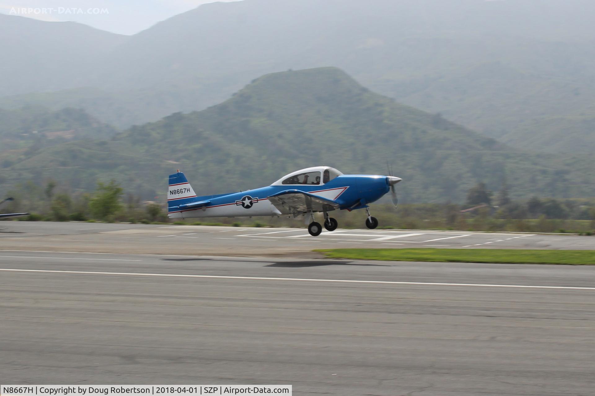 N8667H, 1947 North American Navion C/N NAV-4-667, 1947 North American NAVION, Continental IO-520 285 Hp upgrade, takeoff climb Rwy 22. Young Eagles flight.