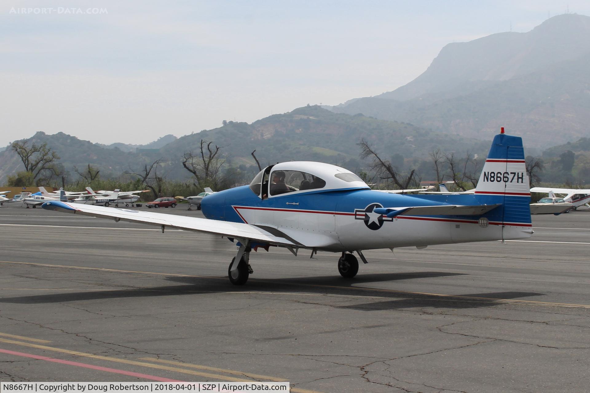 N8667H, 1947 North American Navion C/N NAV-4-667, 1947 North American NAVION, Continental IO-520 285 Hp upgrade, taxi to Rwy 22, Young Eagles flight. Dave has given 1,200 Young Eagles rides.