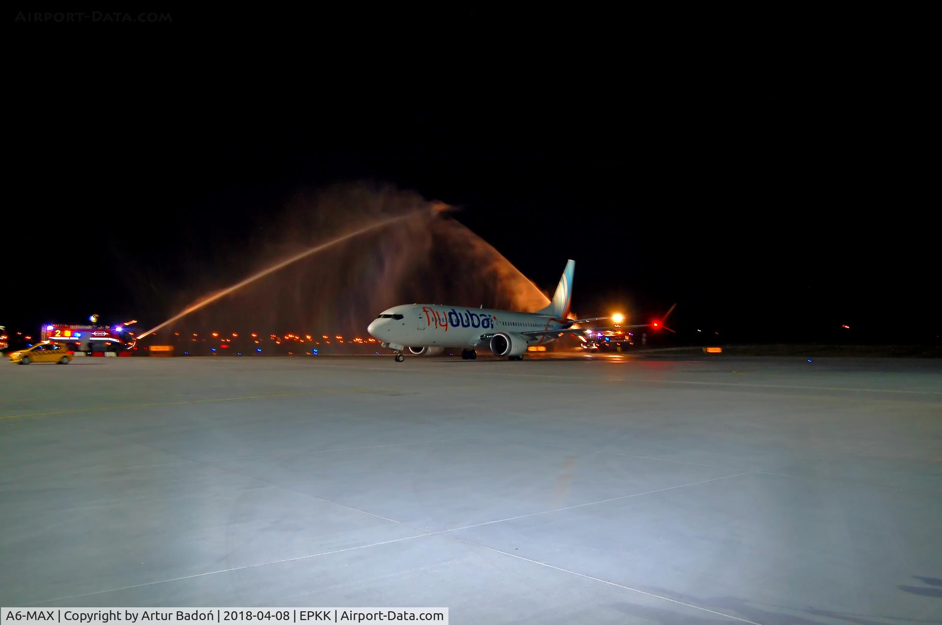 A6-MAX, 2017 Boeing 737-8 C/N 60966, flydubai - water salute in Krakow - inauguration of the KRK-DXB connection