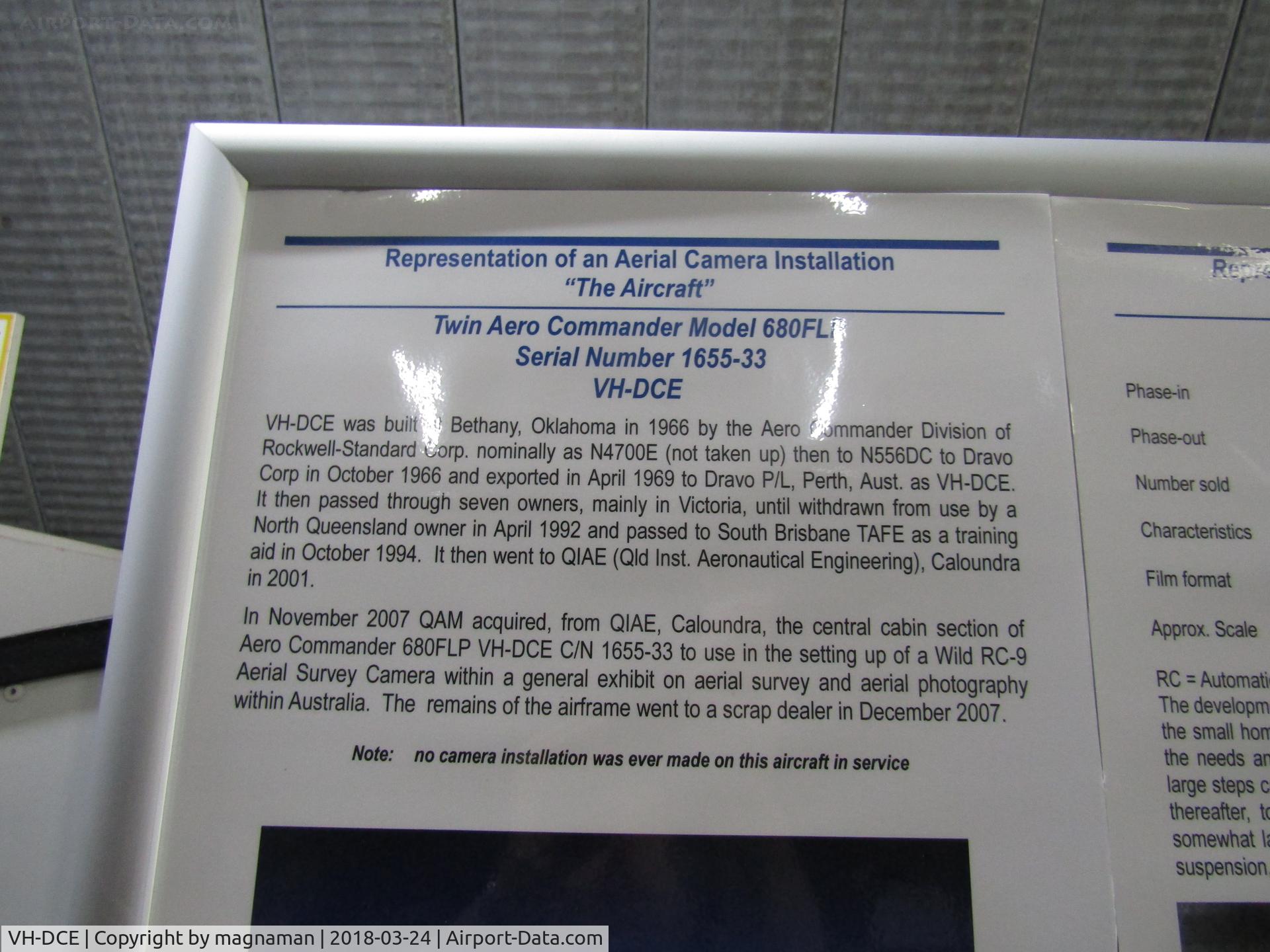 VH-DCE, Aero Commander 680FL Commander Commander C/N 1655-33, interesting history of this aircraft  -at Caloundra Museum