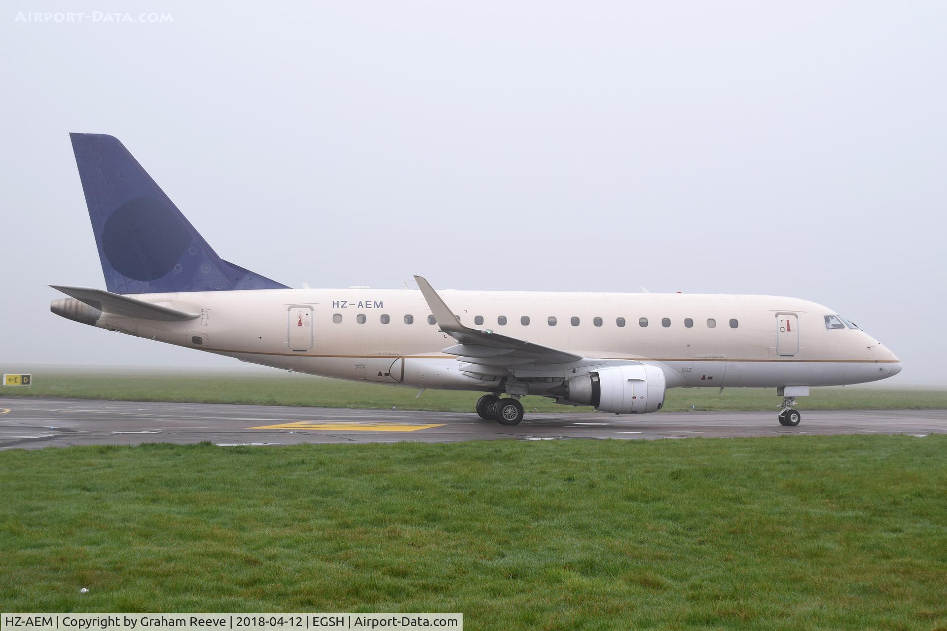HZ-AEM, 2006 Embraer 170LR (ERJ-170-100LR) C/N 17000155, Just landed at Norwich in poor visibility.