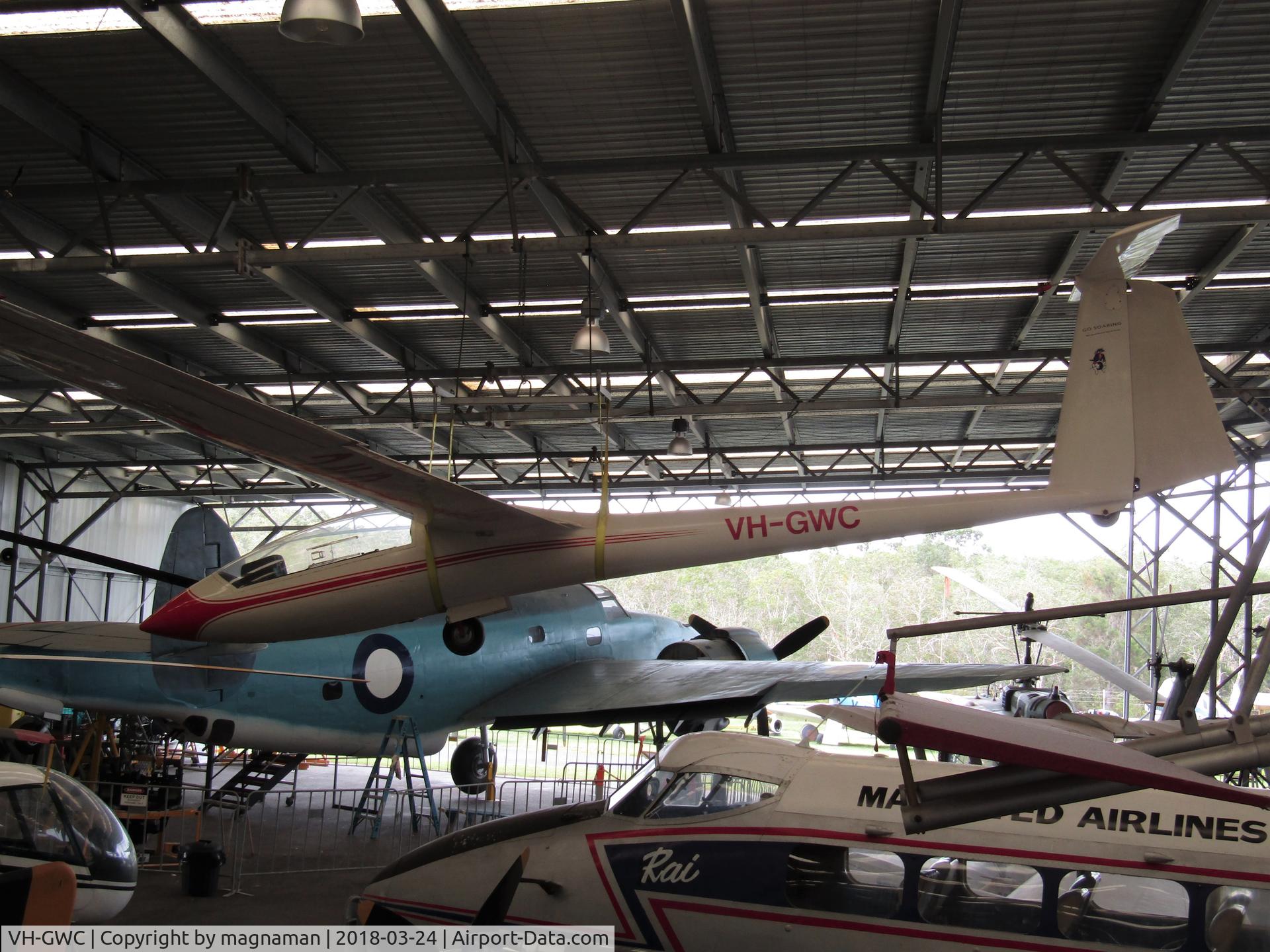 VH-GWC, 1975 ICA IS-29D C/N 050, in main hangar at caloundra museum- hanging around
