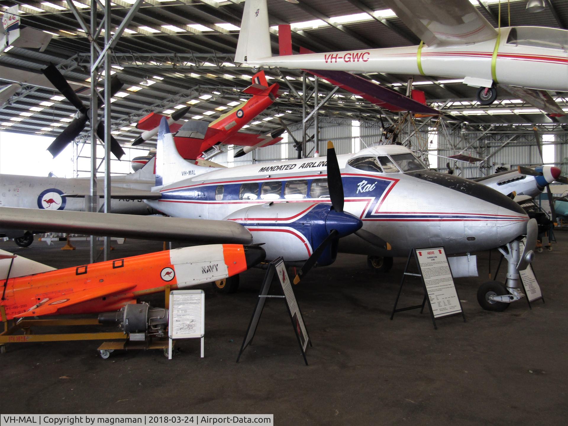 VH-MAL, 1948 De Havilland DH-104 Dove 1 C/N 04120, in main musuem hangar at Caloundra