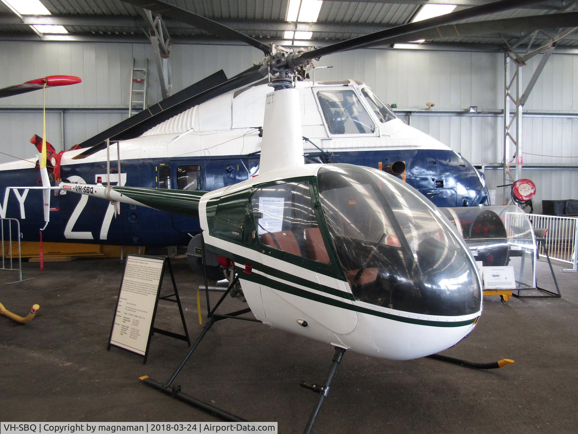 VH-SBQ, Robinson R22 BETA C/N 1901, at caloundra musuem - second R22 i have seen in a musuem - other one at Weston-super-mare in UK