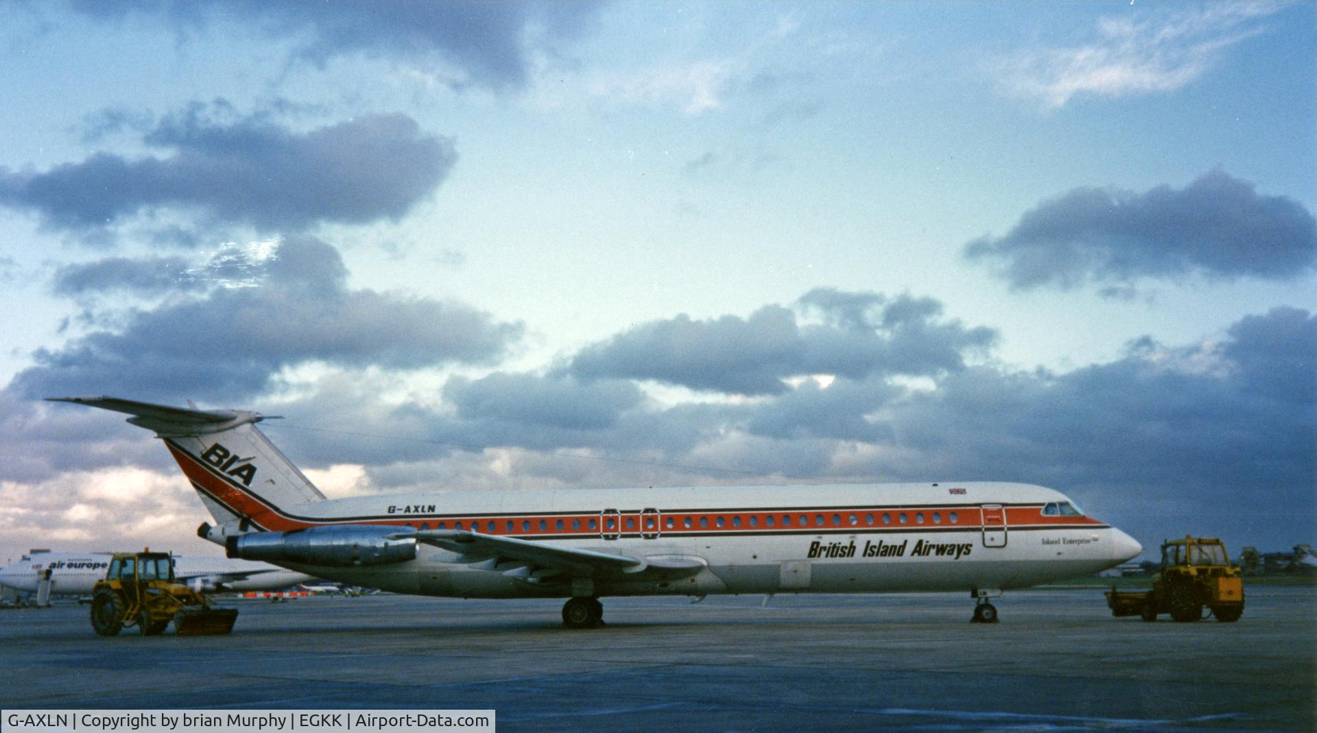 G-AXLN, 1970 BAC 111-523FJ One-Eleven C/N BAC.211, Taken by me at London Gatwick Airport, after BIA went bust, I worked for the company for four and a half years before Joining Continental Airlines at LGW(UK). Notice the airport vehicles at front and rear of the a/c.