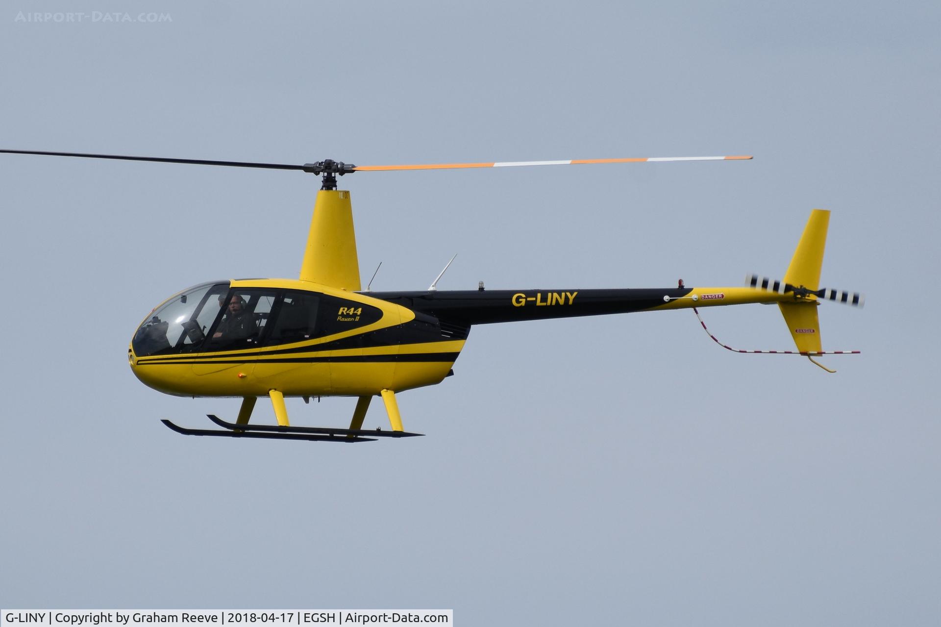 G-LINY, 2008 Robinson R44 Raven II C/N 12356, Departing from Norwich.