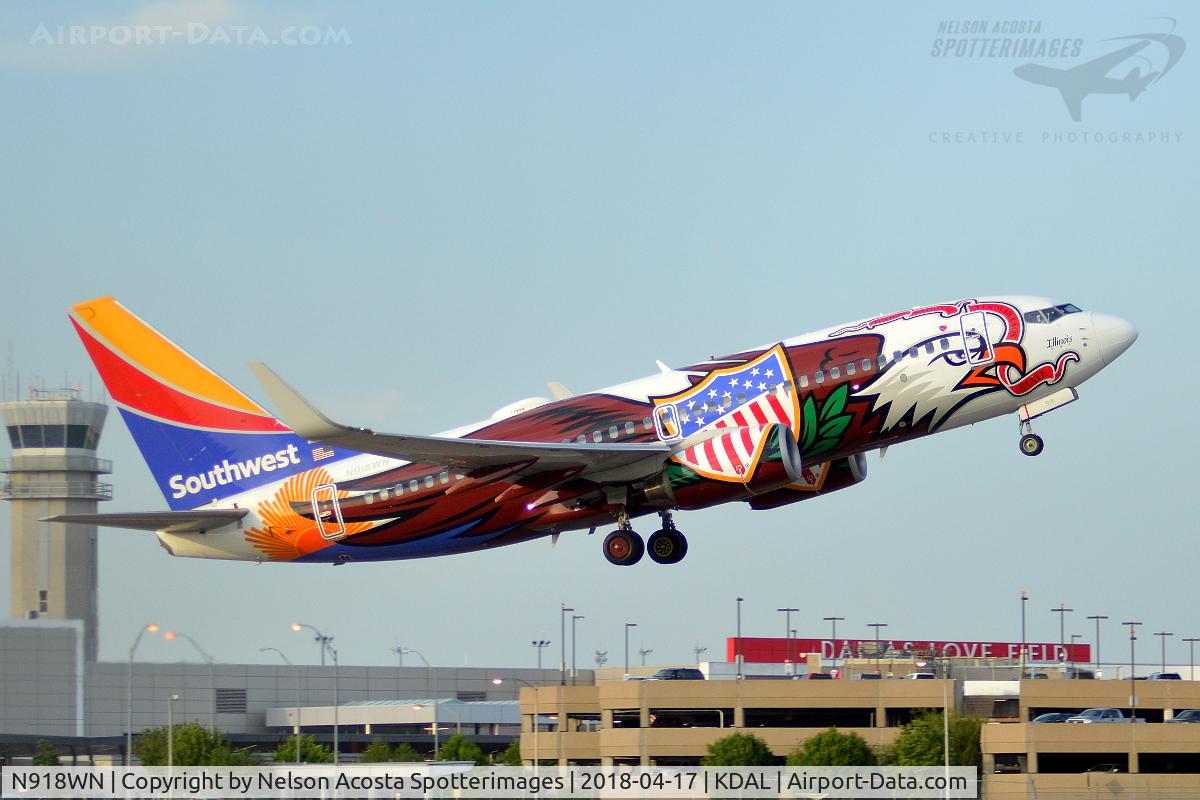 N918WN, 2008 Boeing 737-7H4 C/N 29843, N918WN Rotating in style out of Runway 13R at Dallas Love Field. As the thin layers of cirrus roll in I loose some sunlight. Still worth the wait.