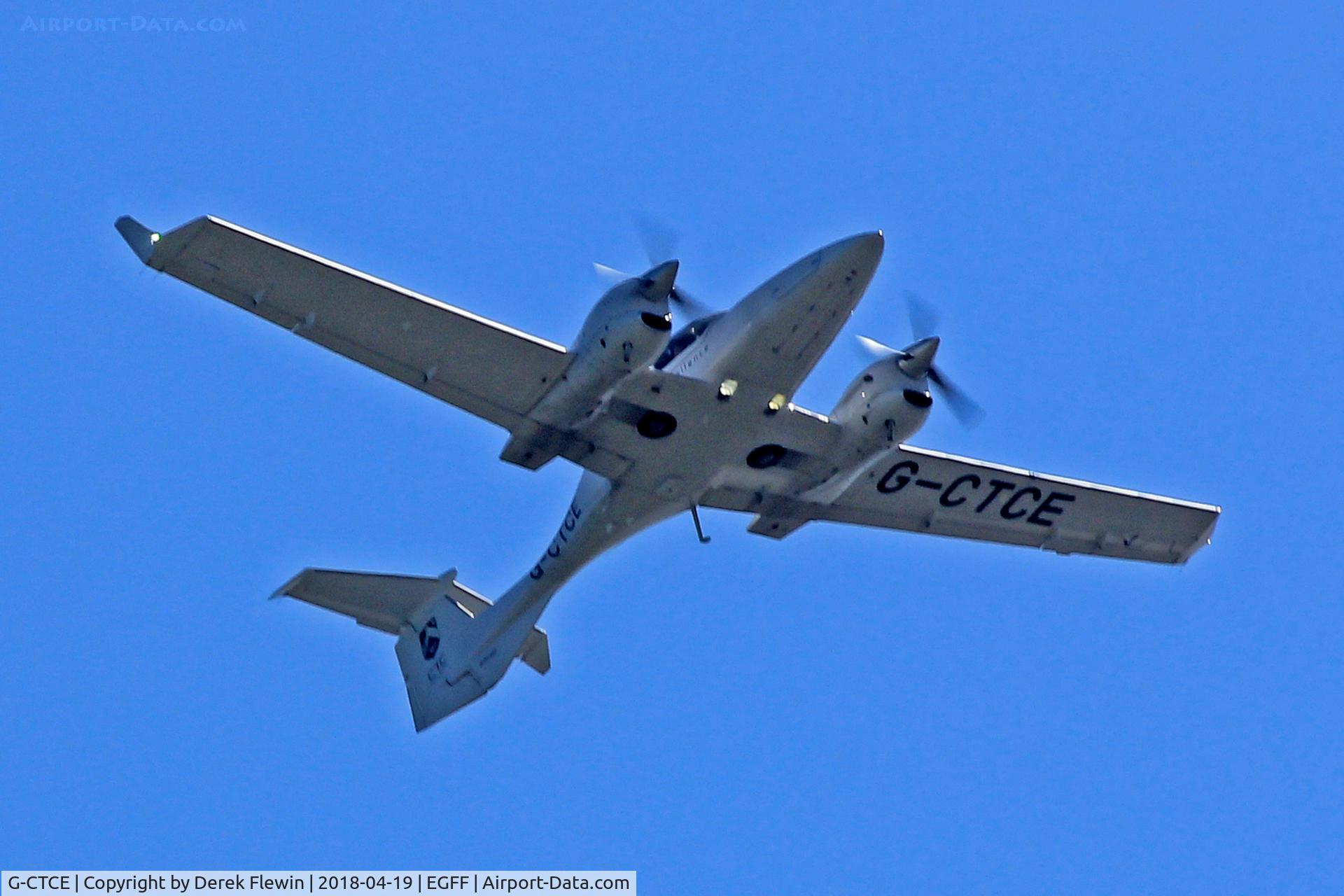 G-CTCE, 2005 Diamond DA-42 Twin Star C/N 42.043, DA42 Twin Star, seen in the overhead following a ILS approach, en-rout RTB Bournemouth.