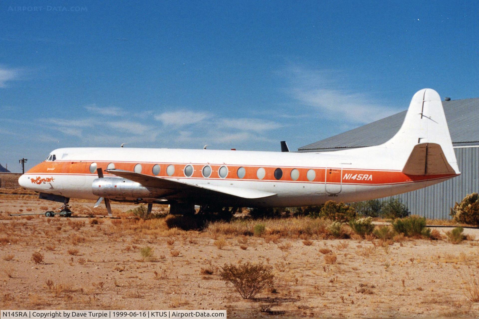 N145RA, 1959 Vickers Viscount 814 C/N 341, Rod Stewart's ride for a while. Operated by Go Air. The was one of many Viscounts parked at KTUS in the late 1990s. Originally registerd as D-ANIP. Reported broken up in 2002.