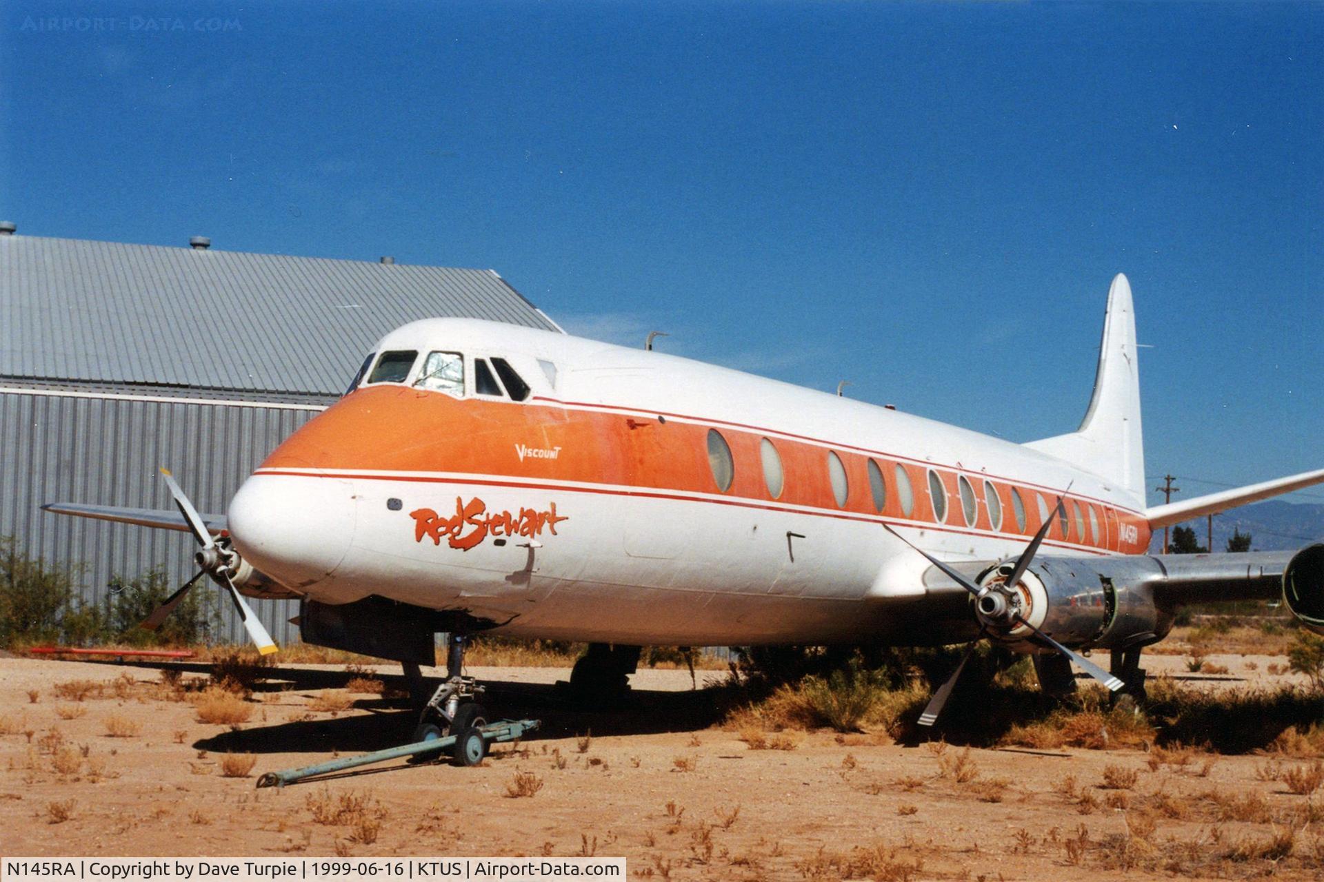 N145RA, 1959 Vickers Viscount 814 C/N 341, Rod Stewart's ride for a while.  Operated by Go Air.  The was one of many Viscounts parked at KTUS in the late 1990s. Originally registered as D-ANIP. Reported broken up in 2002.