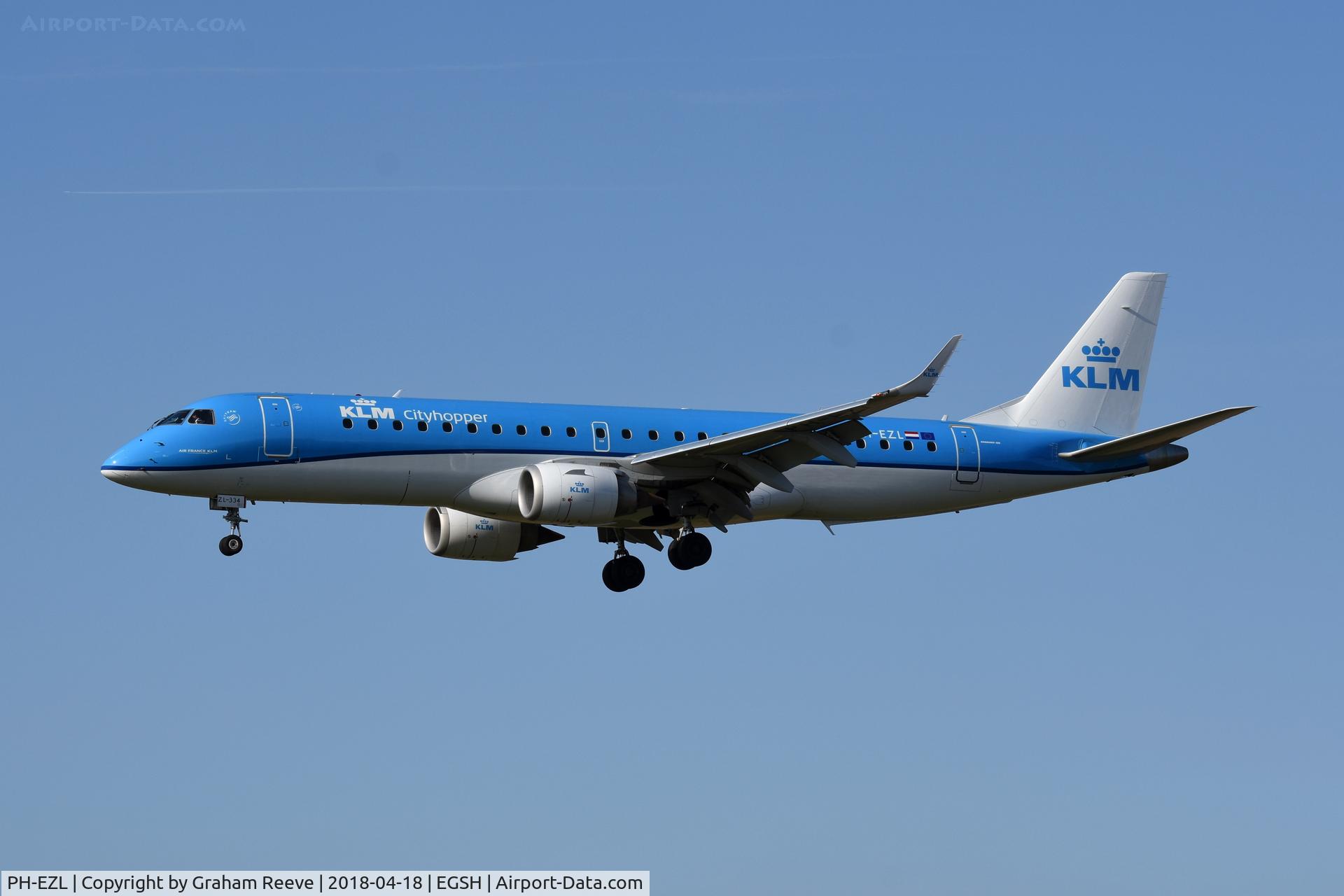 PH-EZL, 2010 Embraer 190LR (ERJ-190-100LR) C/N 19000334, Landing at Norwich.