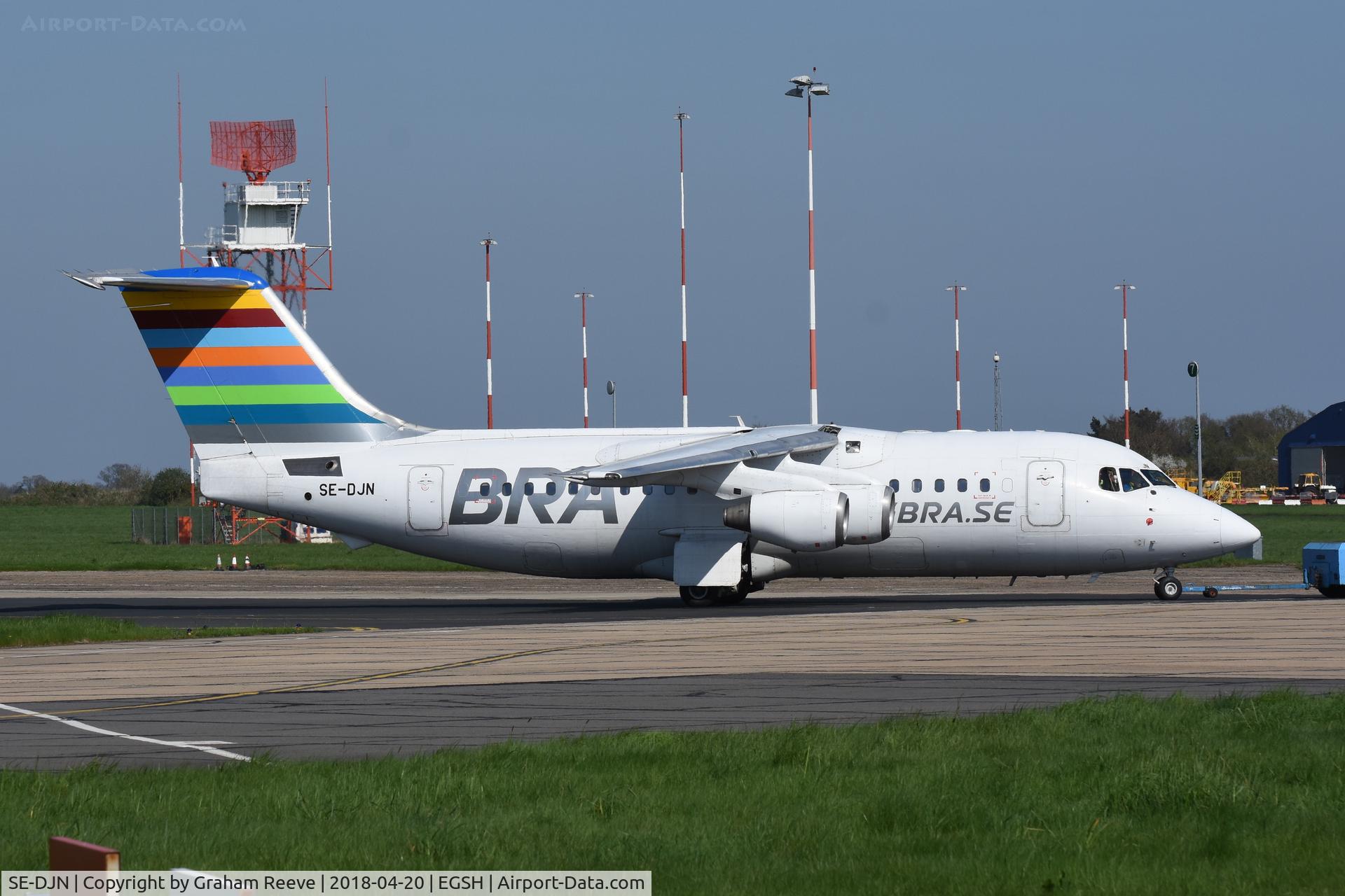 SE-DJN, 1993 British Aerospace Avro 146-RJ85 C/N E.2231, Under tow at Norwich.