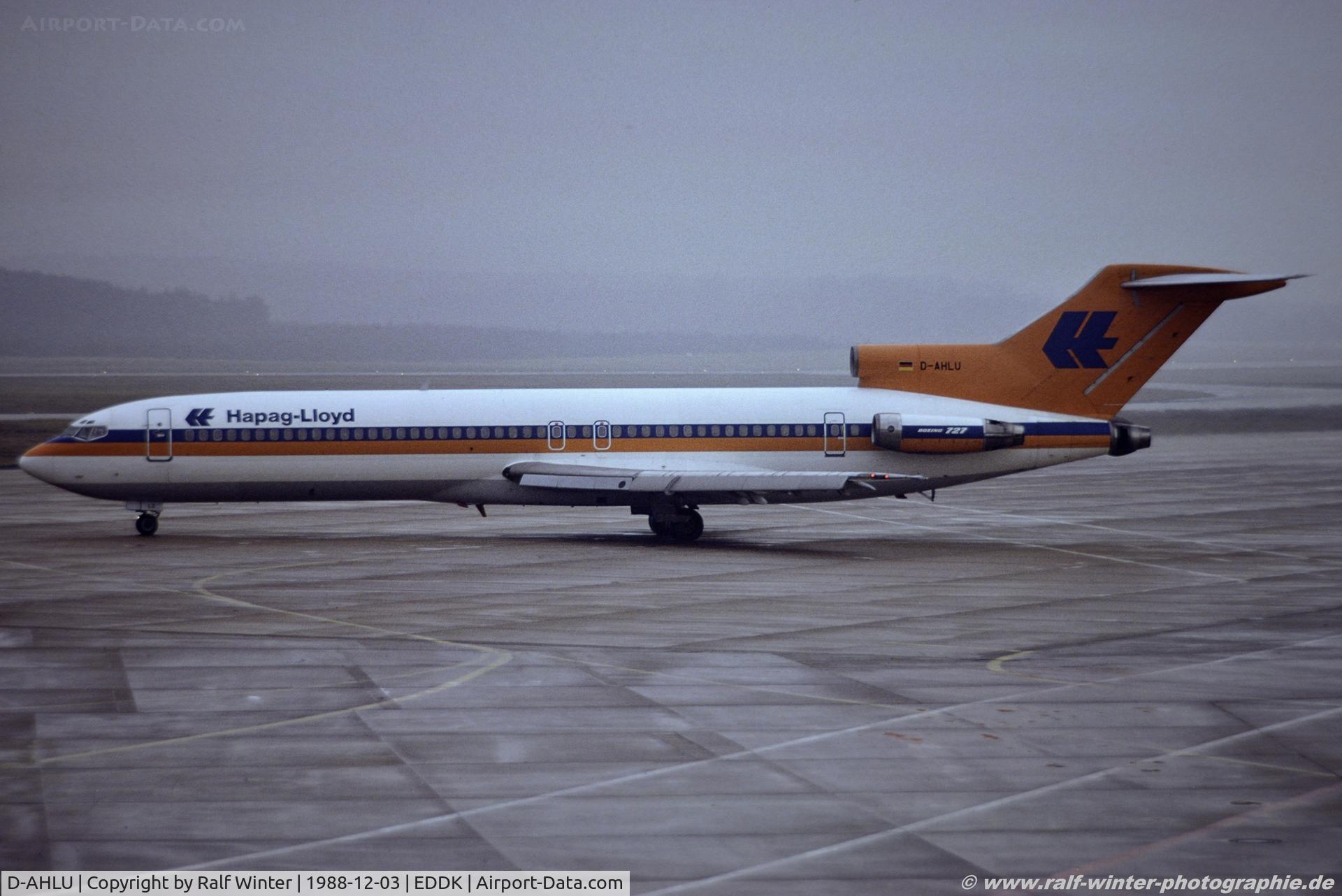 D-AHLU, 1979 Boeing 727-2K5 C/N 21852, Boeing 727-2K5 - HF HLF Hapag-Lloyd Flug - 21852 - D-AHLU - 03.12.1988 - CGN