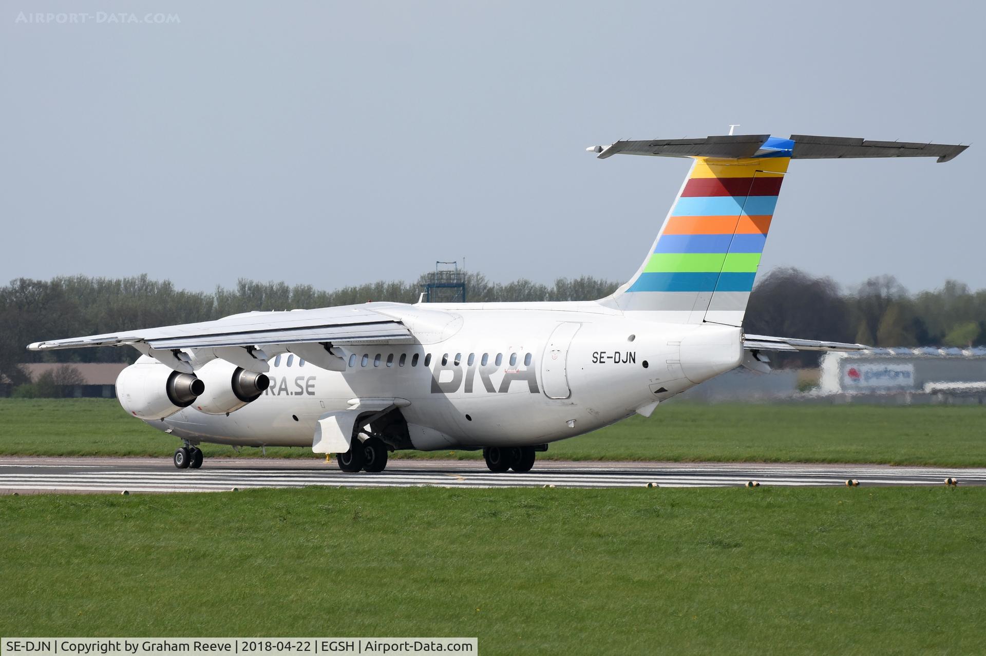 SE-DJN, 1993 British Aerospace Avro 146-RJ85 C/N E.2231, About to depart from Norwich.