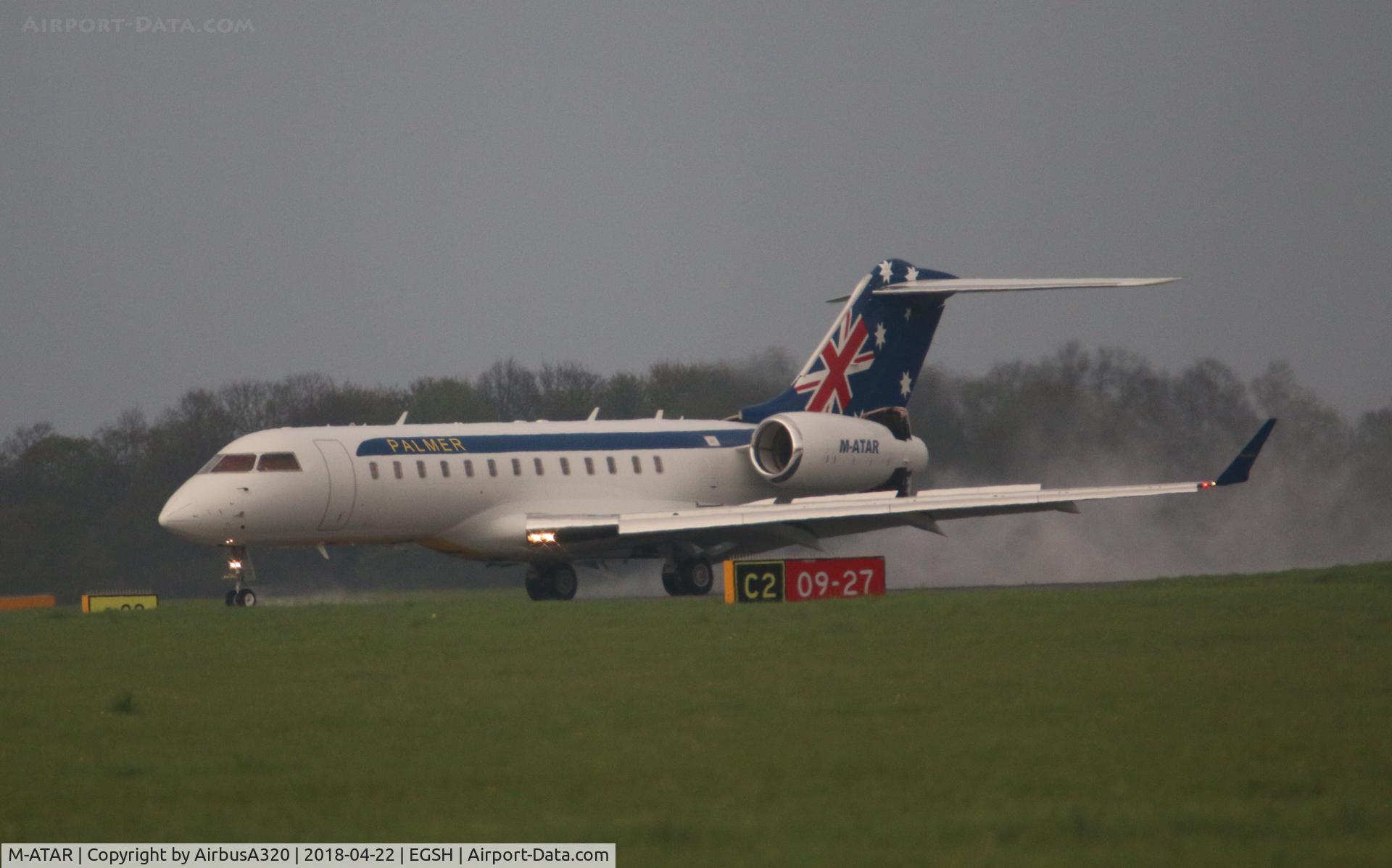 M-ATAR, 2000 Bombardier BD-700-1A10 Global Express C/N 9060, Arriving on a wet RWY 27 following flight from the USA