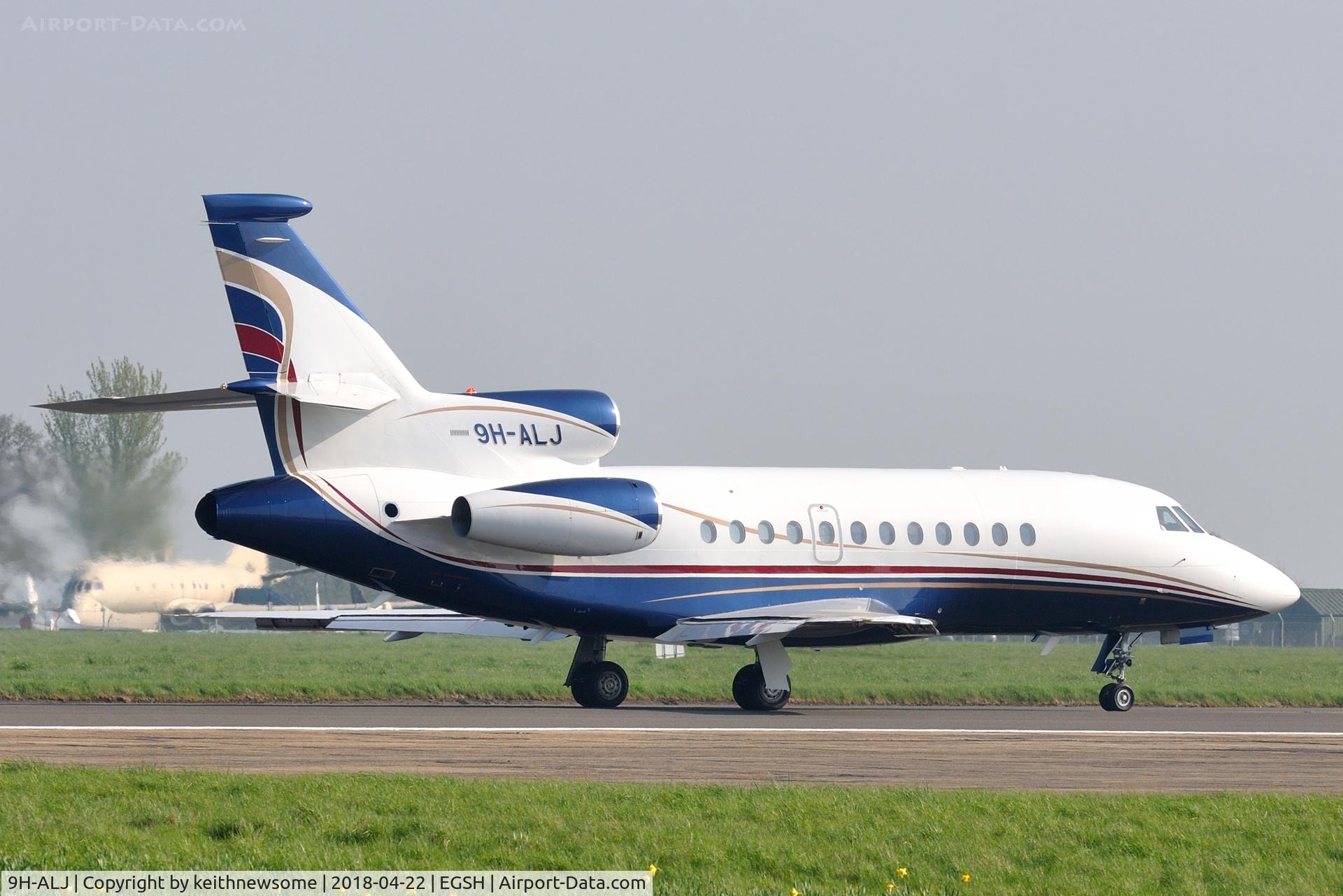 9H-ALJ, 2001 Dassault Falcon 900EX C/N 95, Leaving Norwich for Cambridge.