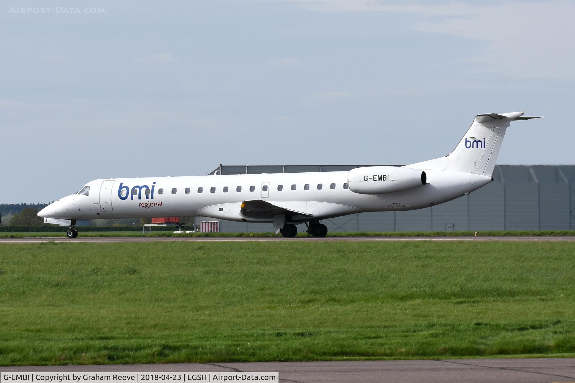 G-EMBI, 1999 Embraer EMB-145EU (ERJ-145EU) C/N 145126, Departing from Norwich.