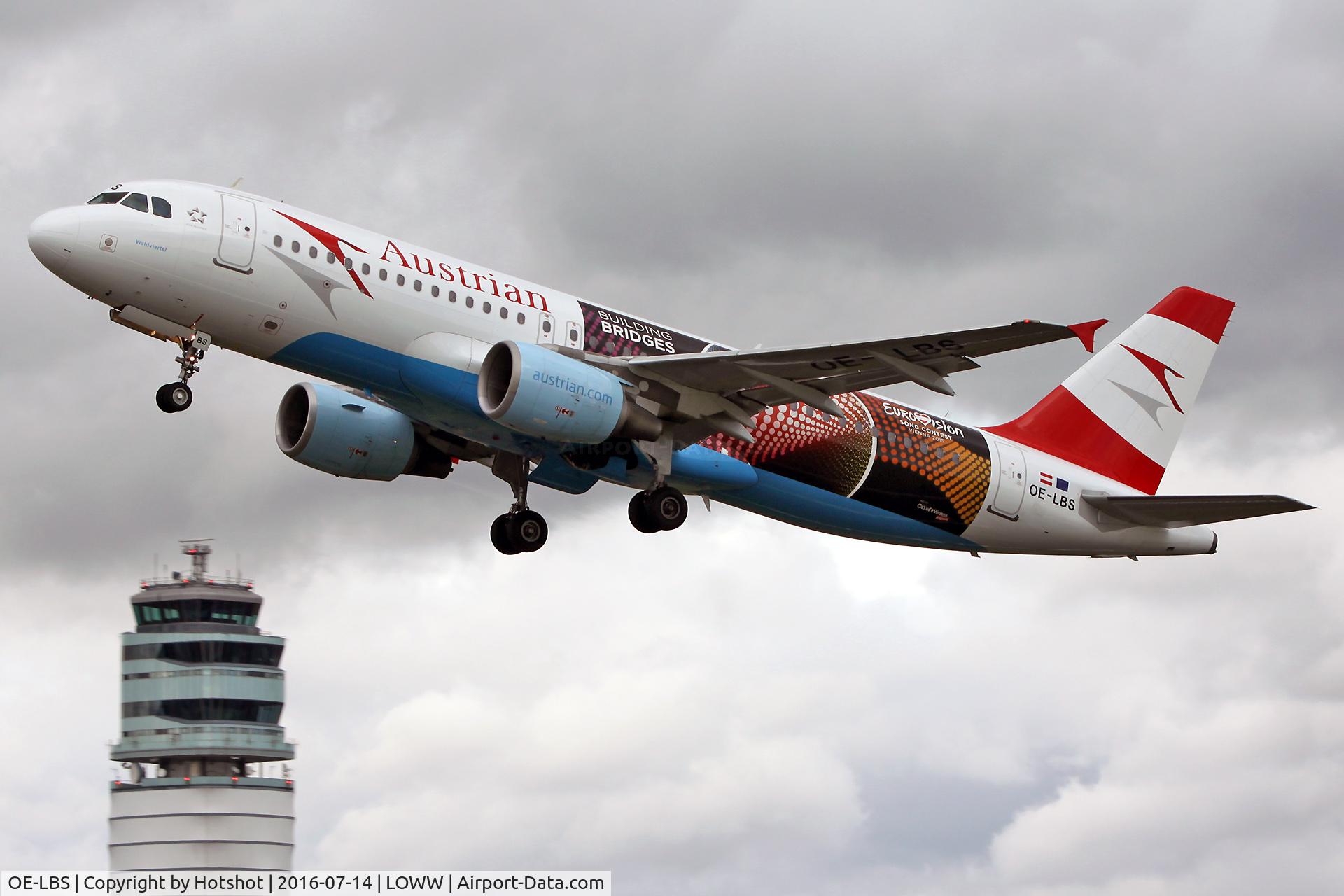 OE-LBS, 2000 Airbus A320-214 C/N 1189, Departing with the ESC Promotion sticker