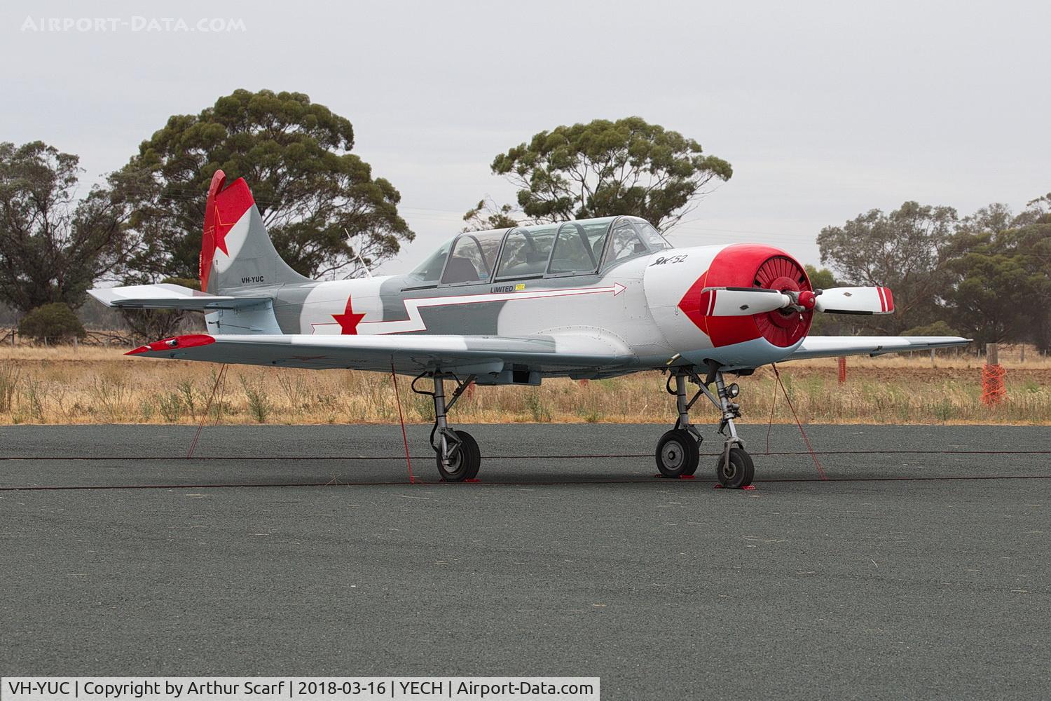 VH-YUC, 1986 Yakovlev Yak-52 C/N 867213, AAAA Fly in Echuca 2018