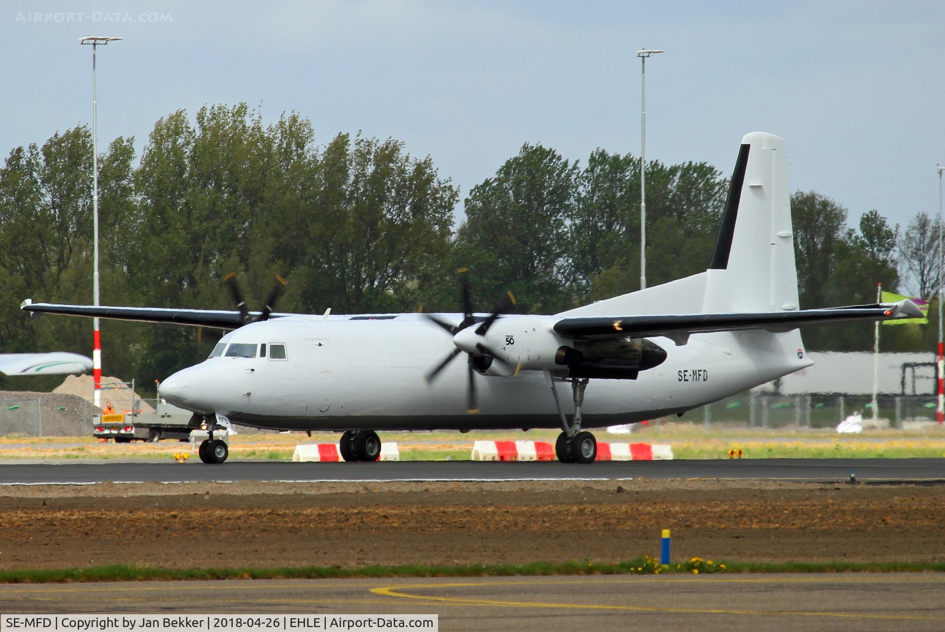 SE-MFD, 1988 Fokker 50 C/N 20126, Lelystad Airport. Lost its Air Baltic colours here and departed totally white with no visible cabine windows anymore.Obviously its now a freighter.