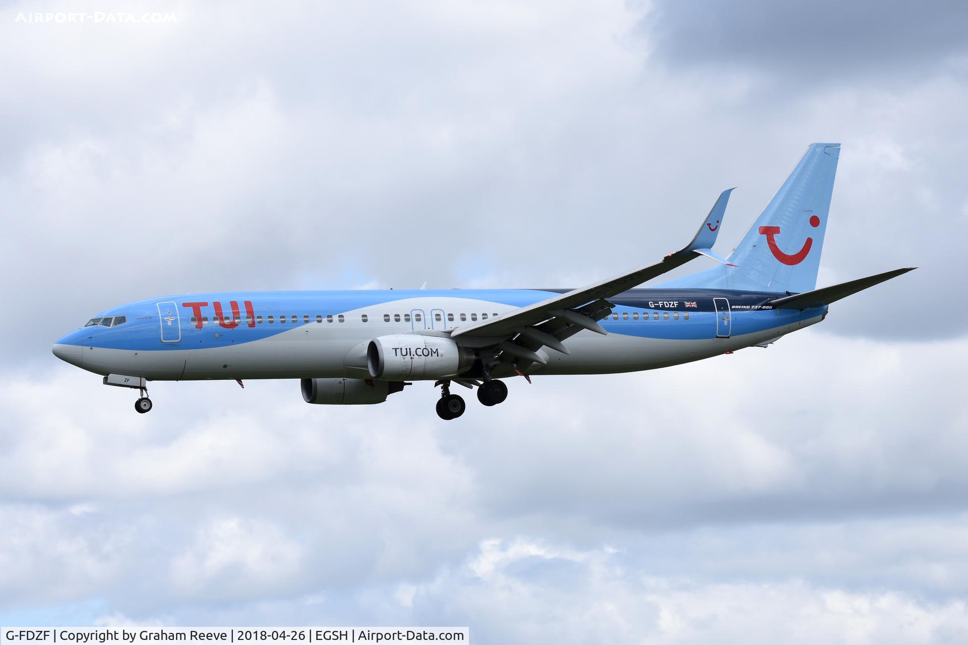 G-FDZF, 2008 Boeing 737-8K5 C/N 35138, Landing at Norwich, intuit colours.