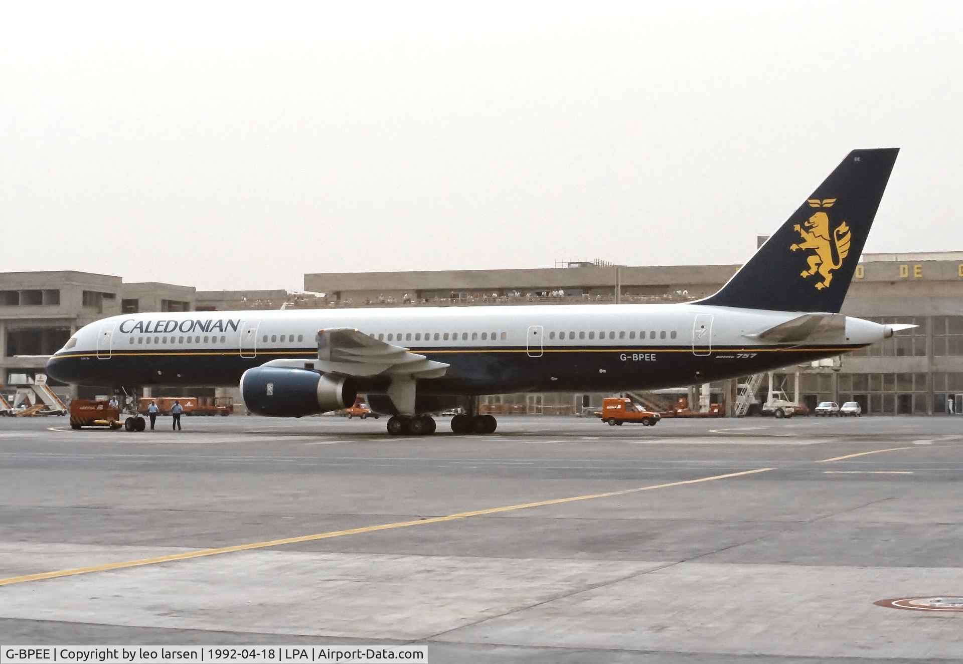G-BPEE, 1991 Boeing 757-236 C/N 25060, Las Palmas 18.4.1992 duing lease to Calledonian AW