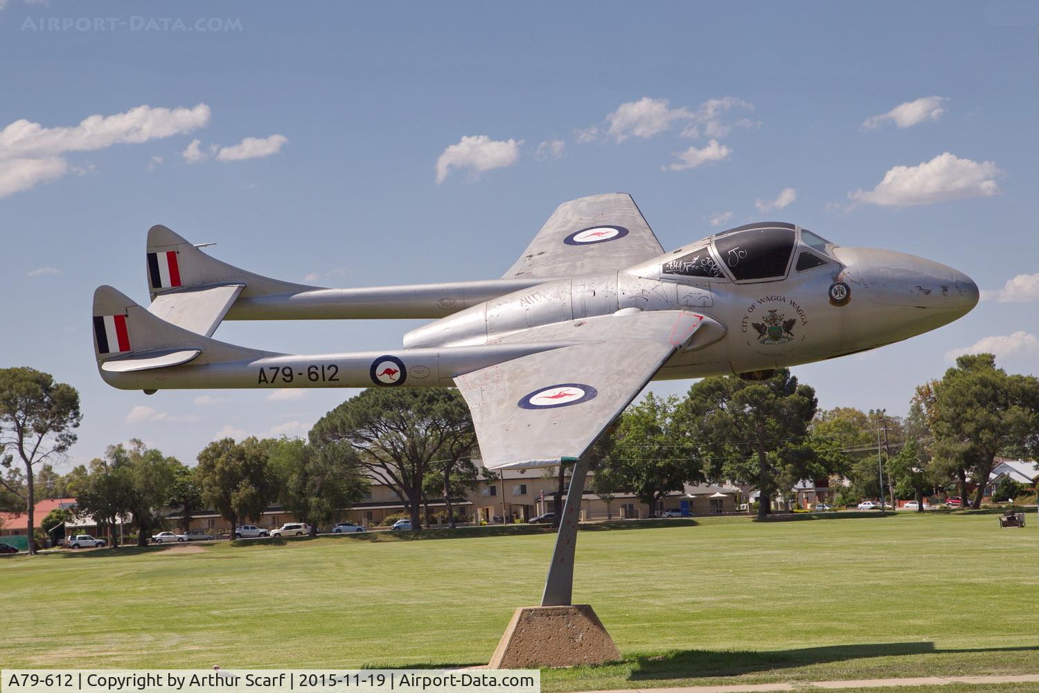A79-612, De Havilland Australia DH-115 Vampire T.35 C/N DHA4134, Bolton Park Wagga Wagga 2015
Aircraft was removed from the pole in February 2018 - future uncertain.